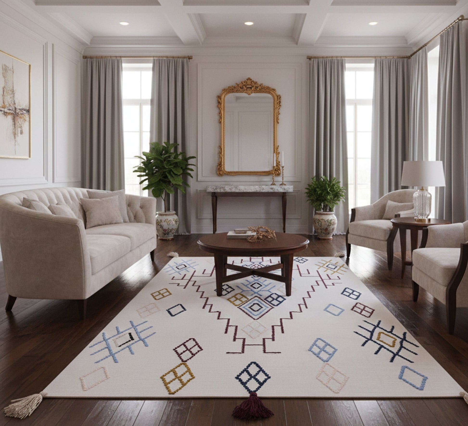 A modern, soft, and embroidered Moroccan rug with a diamond pattern and pastel colors - Vitrine Furniture - Accessories