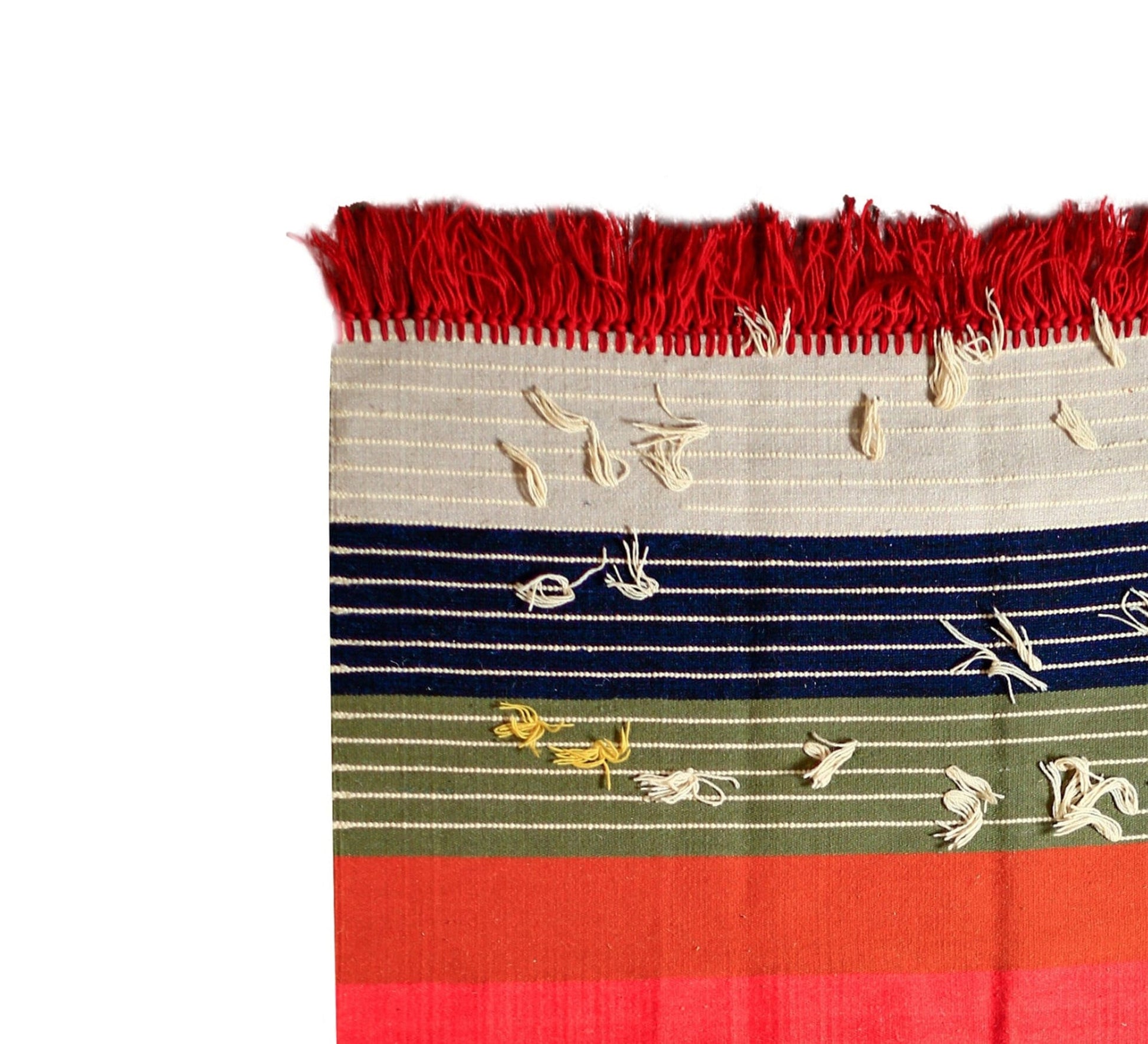 A multicolored rug with wide red stripes and fringe - Vitrine Furniture - Accessories