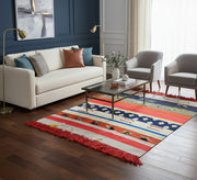 A multicolored rug with wide red stripes and fringe - Vitrine Furniture - Accessories