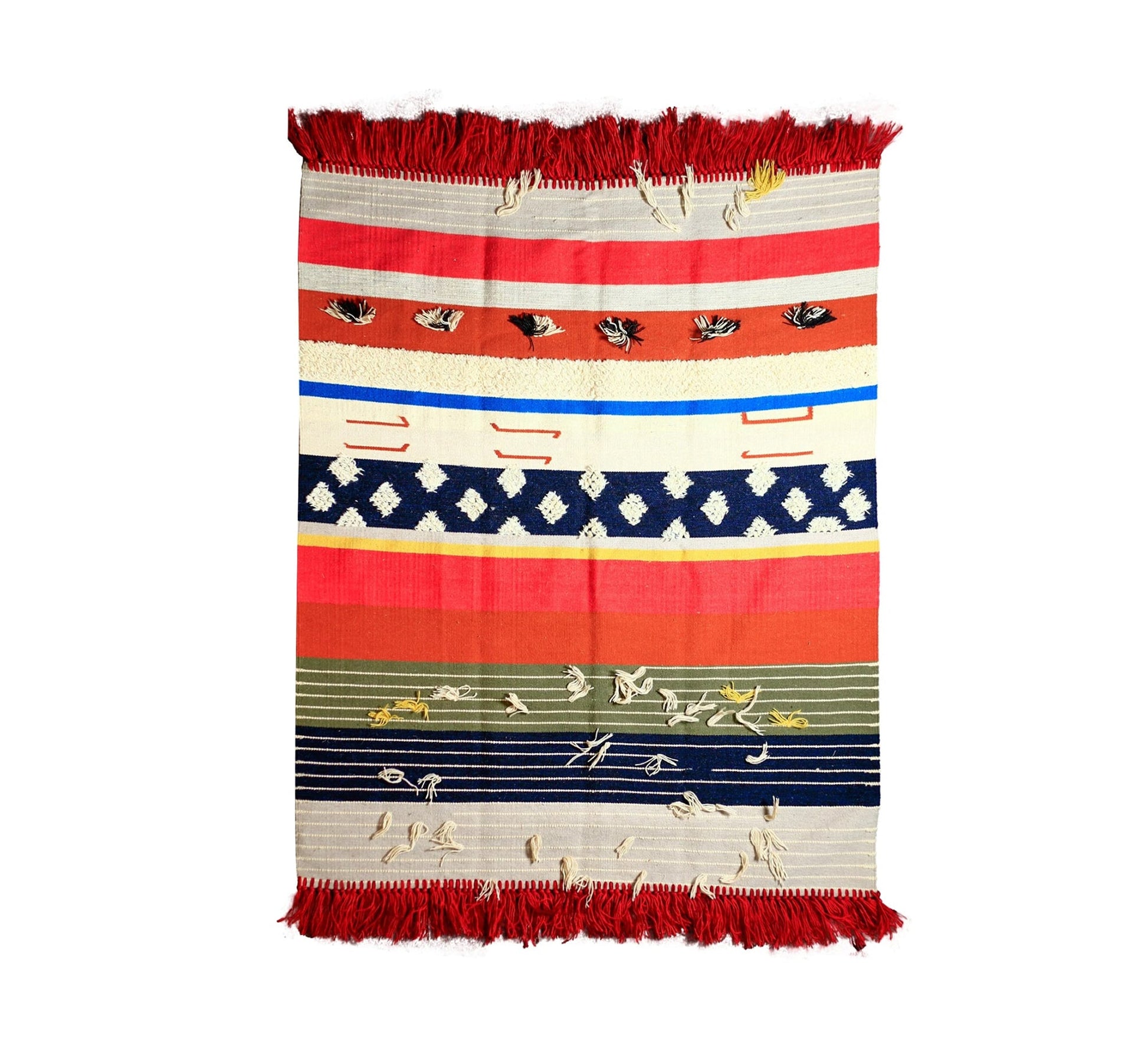 A multicolored rug with wide red stripes and fringe - Vitrine Furniture - Accessories