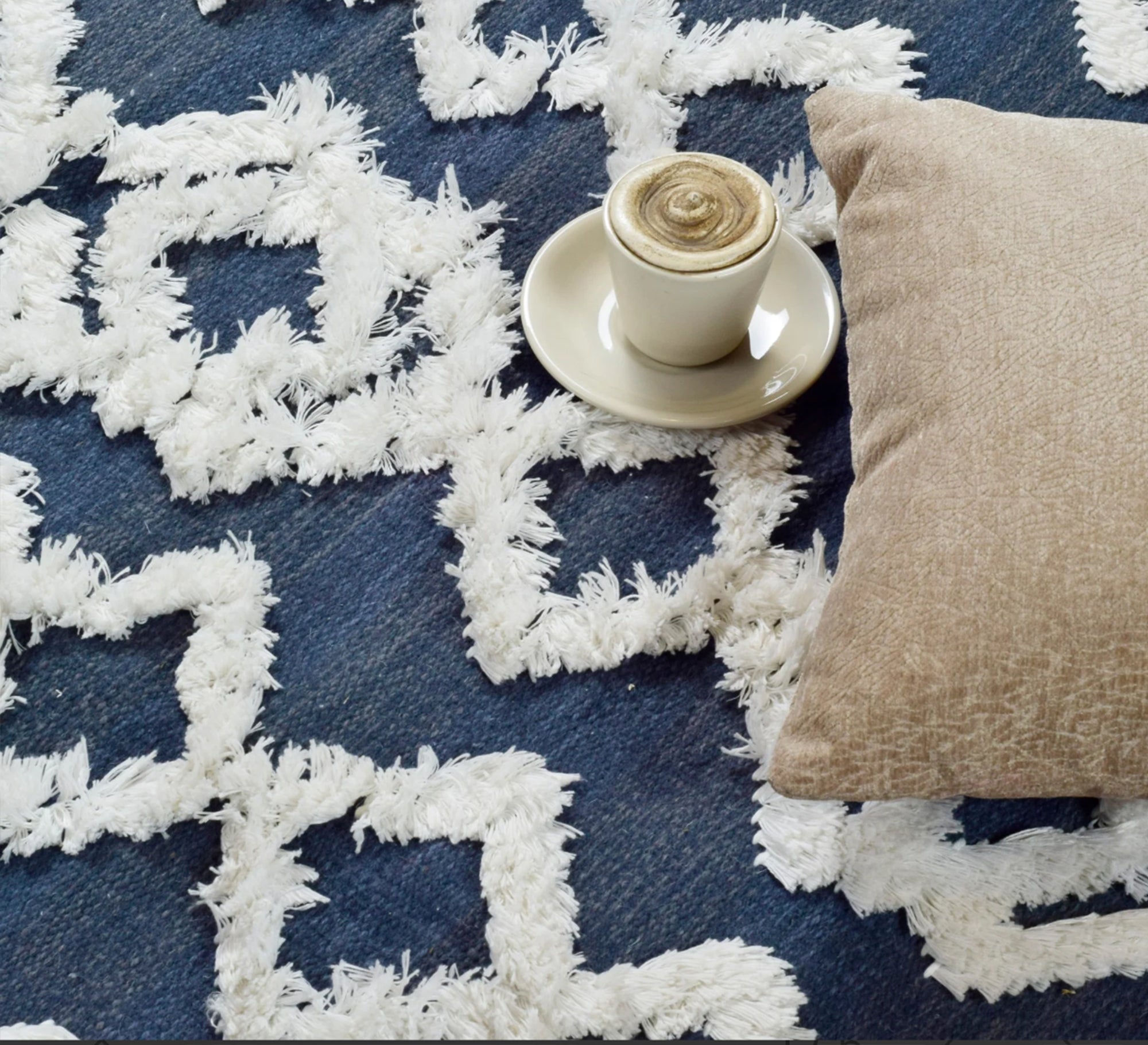 A navy rug that offers depth and comfort through its diamond pattern and textured pile - Vitrine Furniture - Accessories