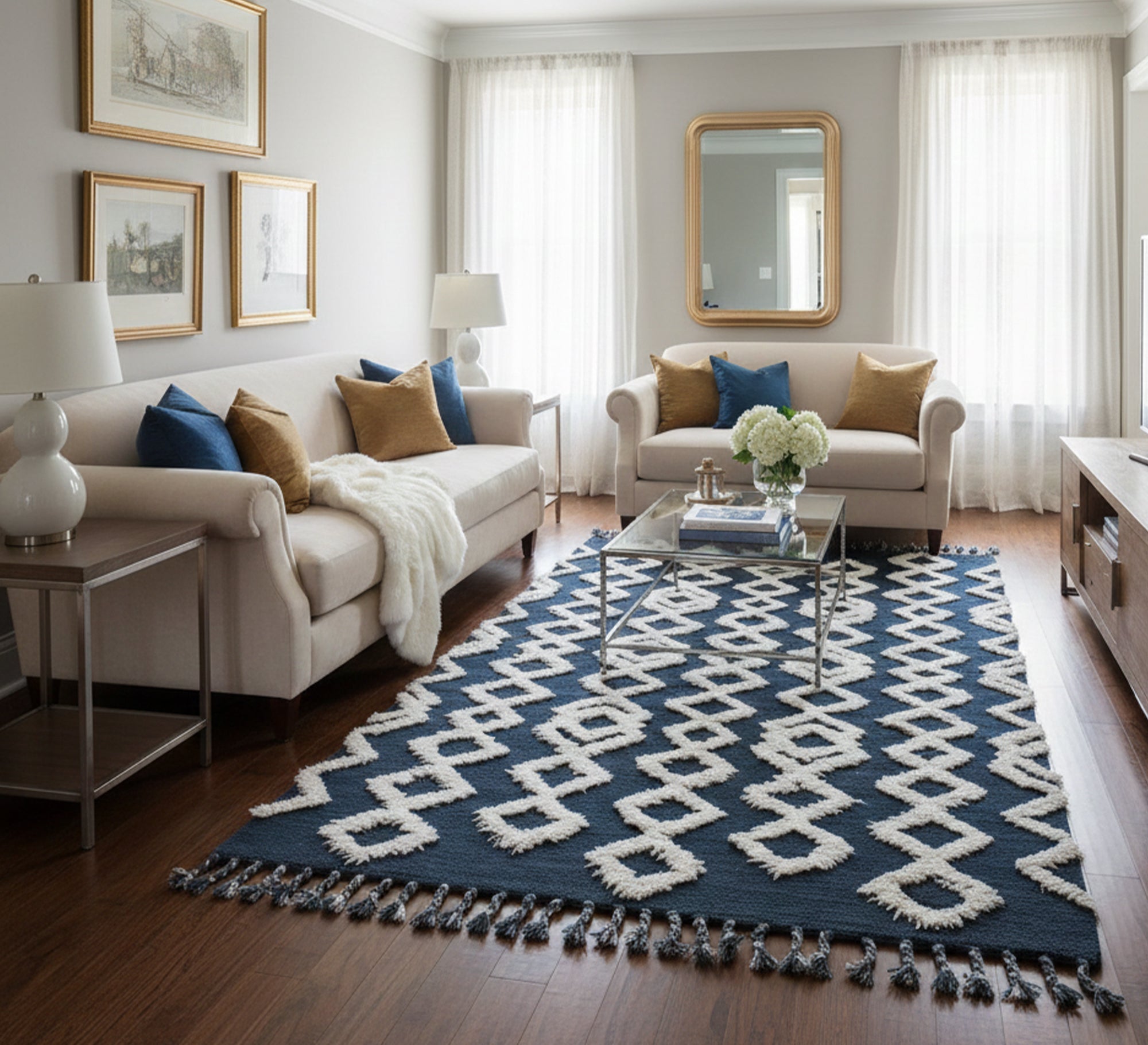 A navy rug that offers depth and comfort through its diamond pattern ...