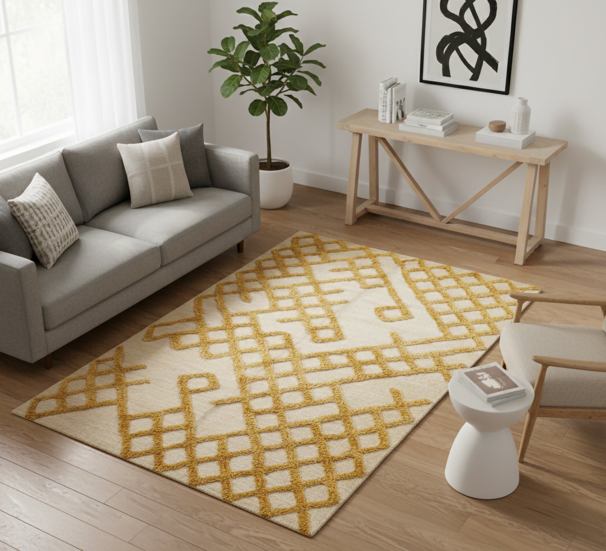A plush pile rug with a diamond pattern in mustard yellow. - Vitrine Furniture - Accessories