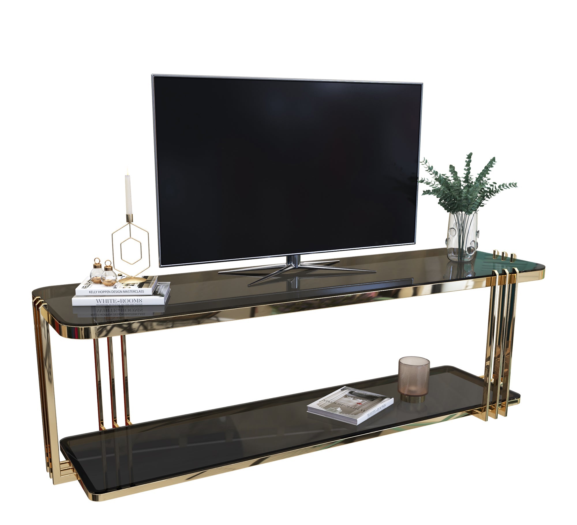 A rectangular gold TV table with two shelves - Vitrine Furniture - Furniture