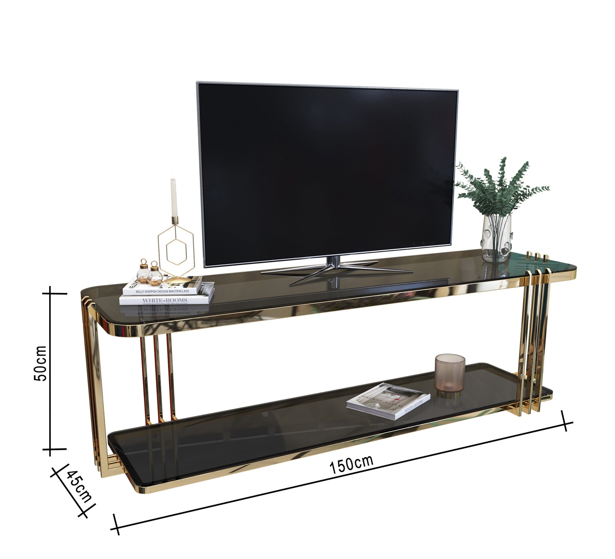 A rectangular gold TV table with two shelves - Vitrine Furniture - Furniture