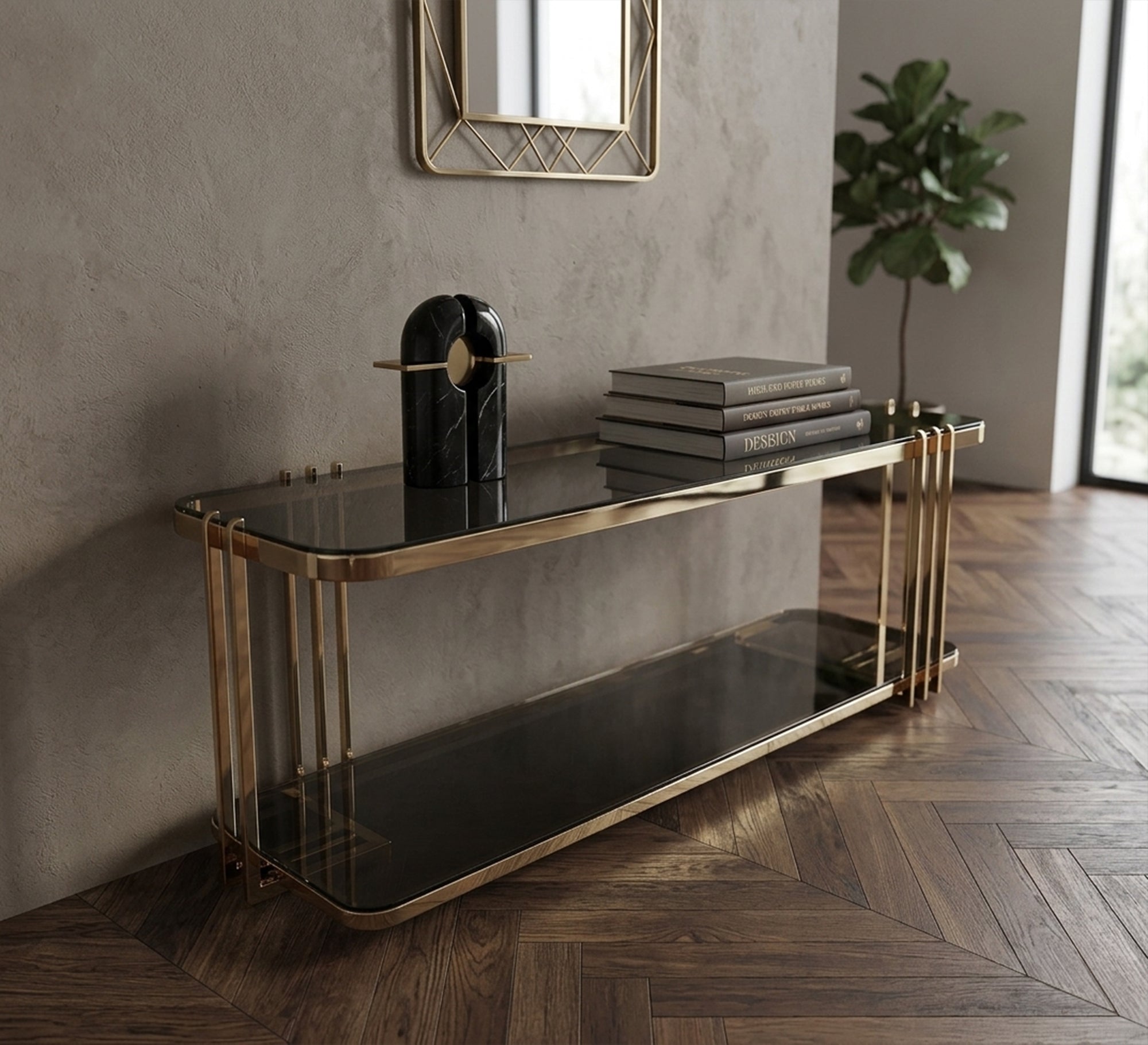 A rectangular gold TV table with two shelves - Vitrine Furniture - TV Table & Cabinet
