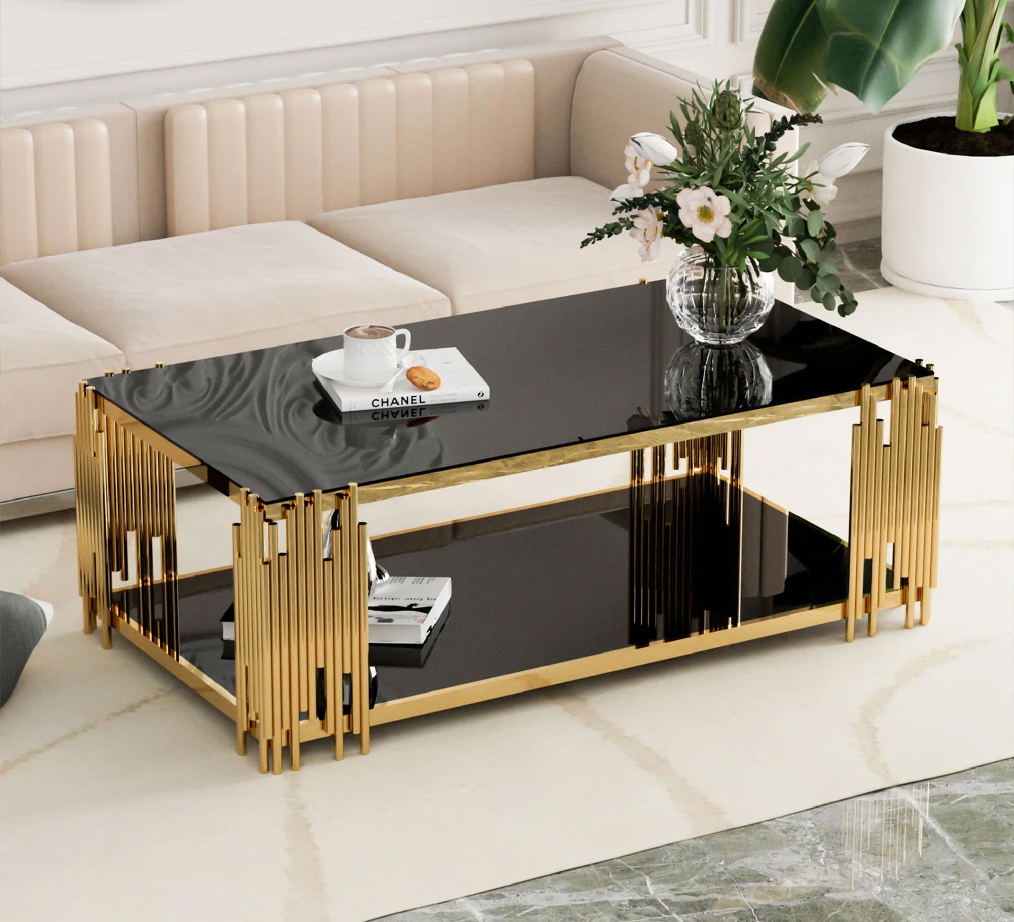 A rectangular table in gold with a top and bottom - Vitrine Furniture - Furniture