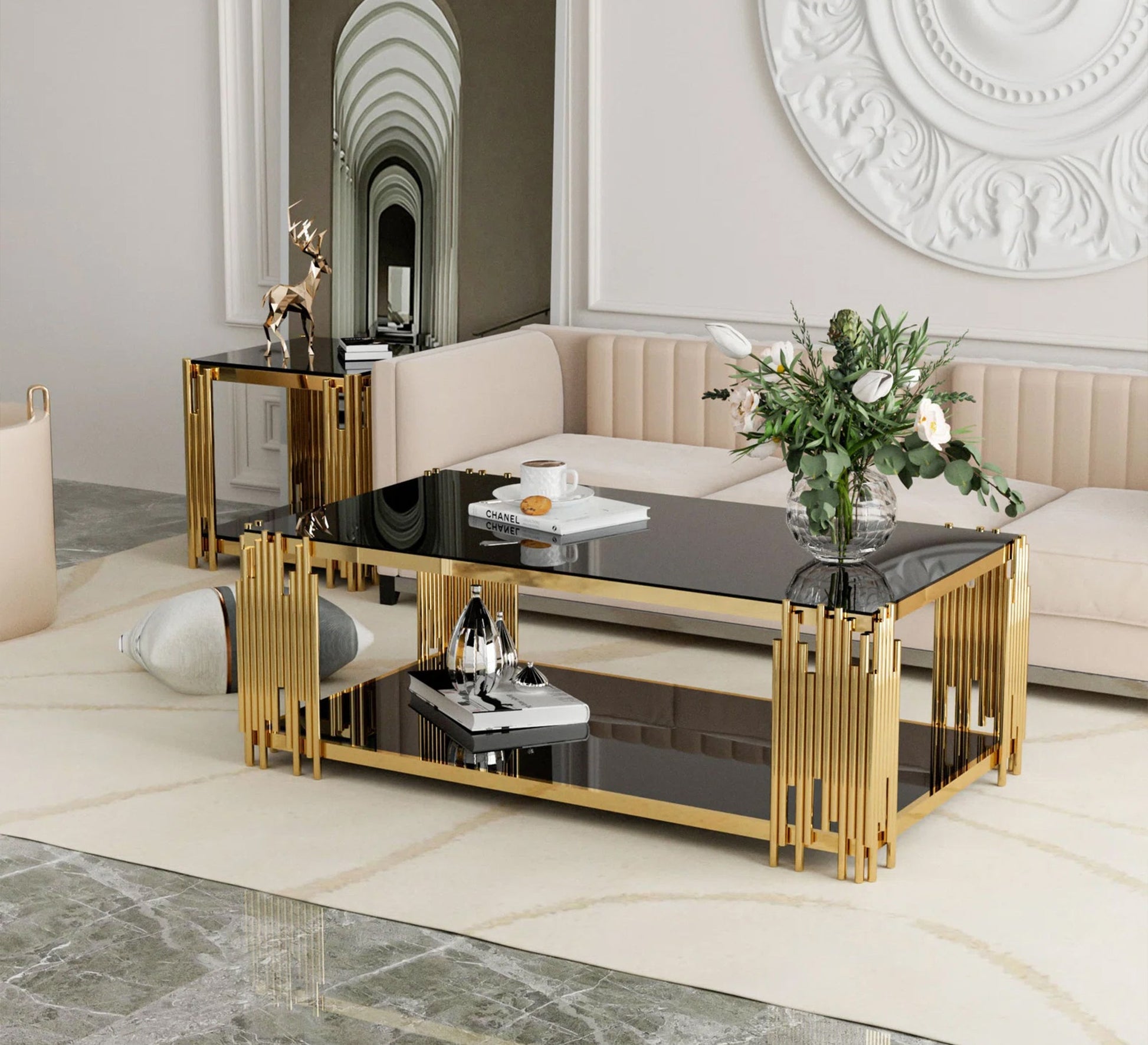 A rectangular table in gold with a top and bottom - Vitrine Furniture - Furniture
