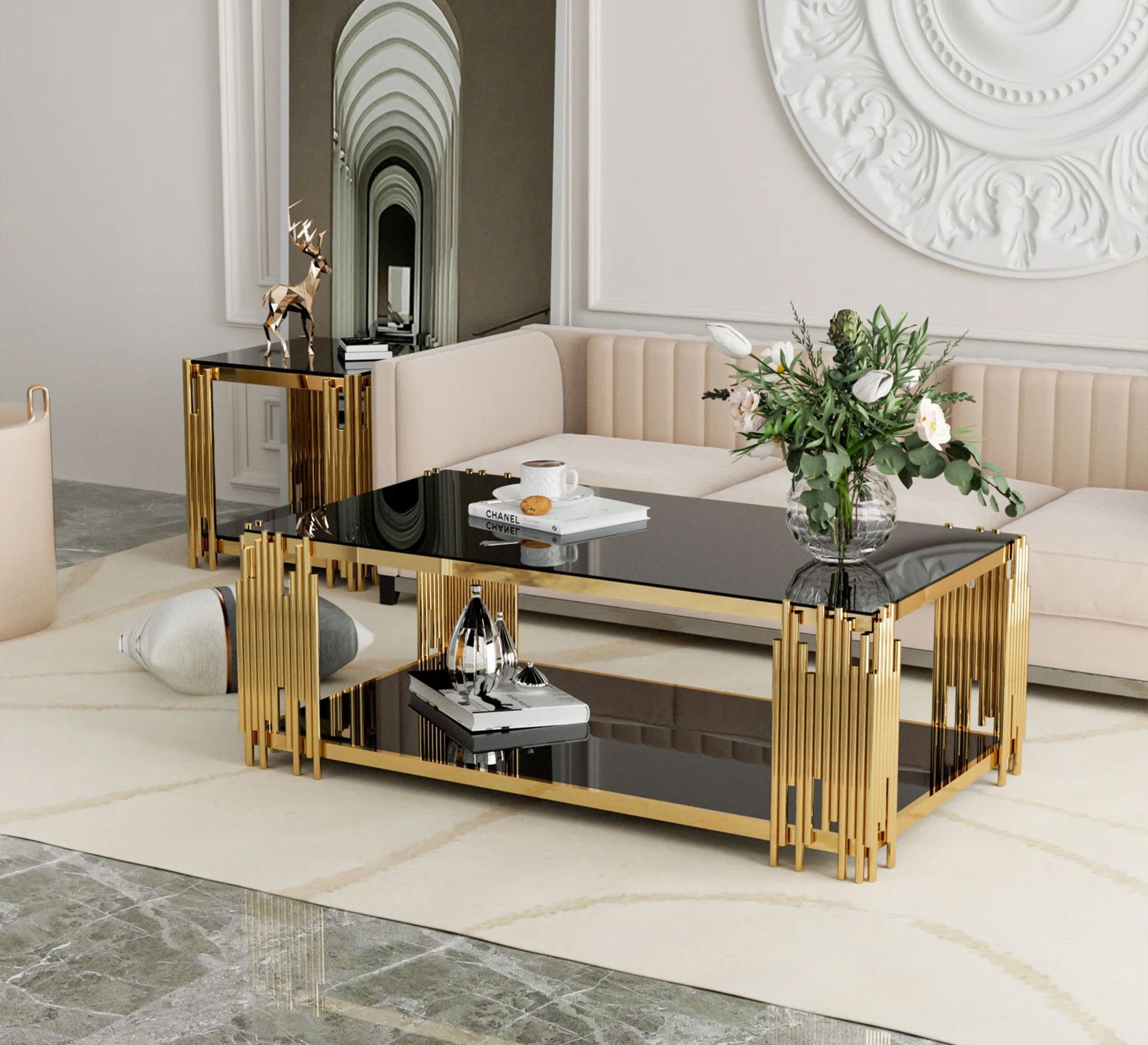 A rectangular table in gold with a top and bottom - Vitrine Furniture - Furniture