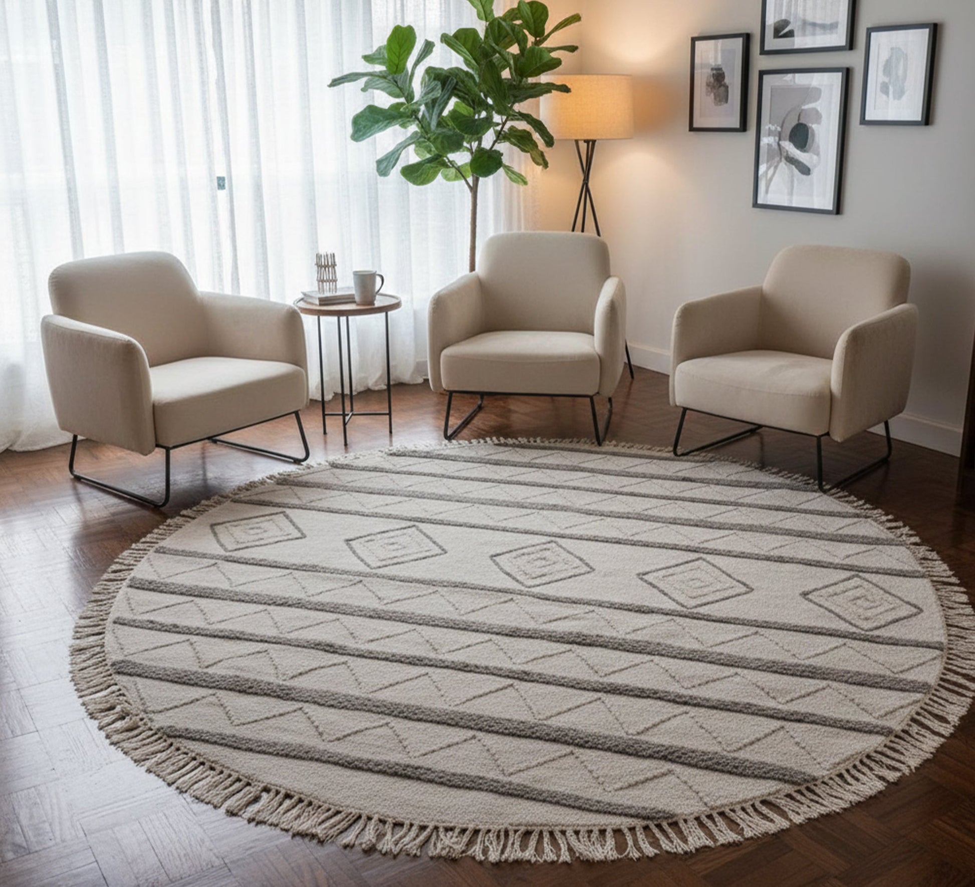 A round rug with geometric patterns and horizontal lines - Vitrine Furniture - Accessories