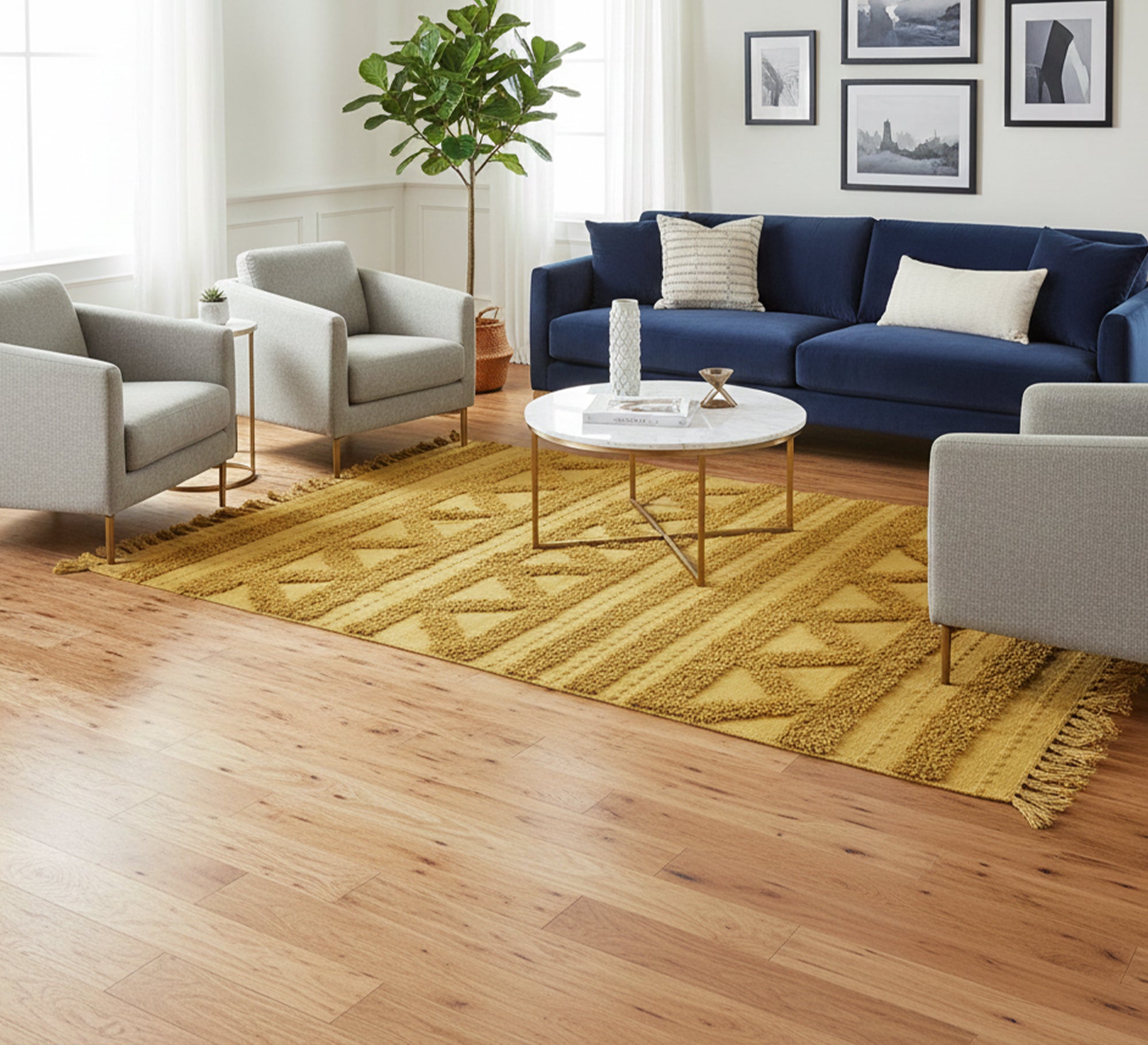 A rug with a prominent and interlocking yellow zigzag pattern - Vitrine Furniture - Accessories