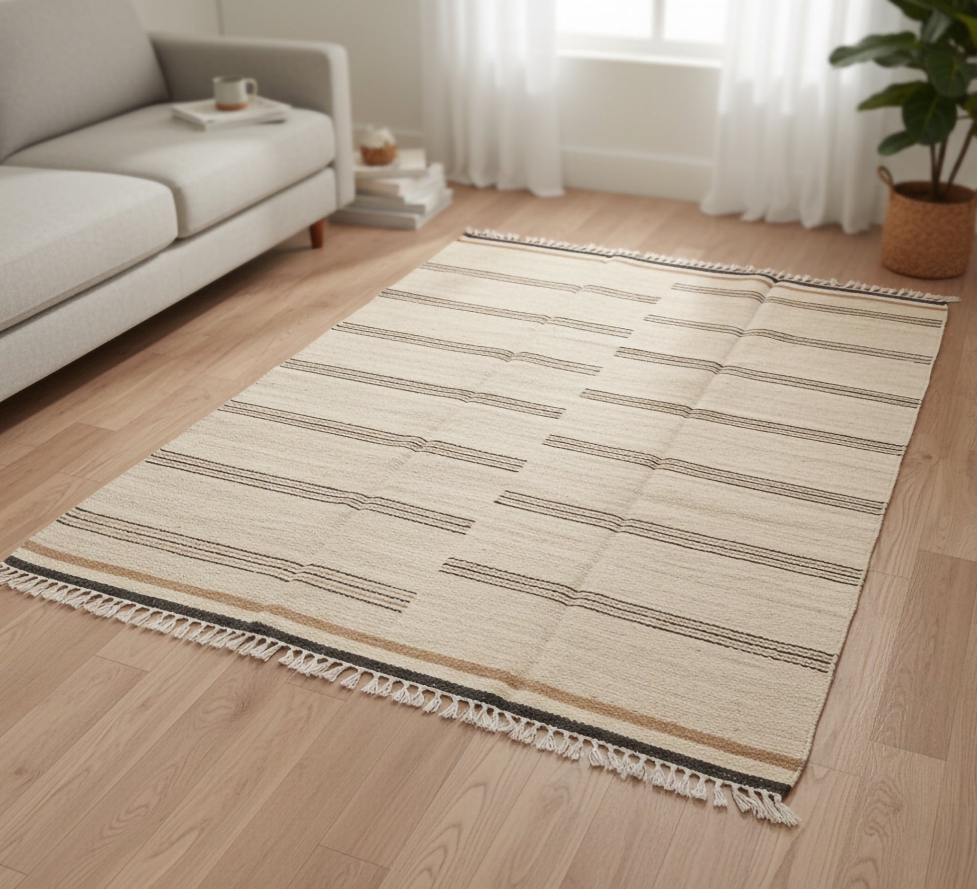 A rug with a subtle gradient, featuring thin brown lines and a white background - Vitrine Furniture - Accessories
