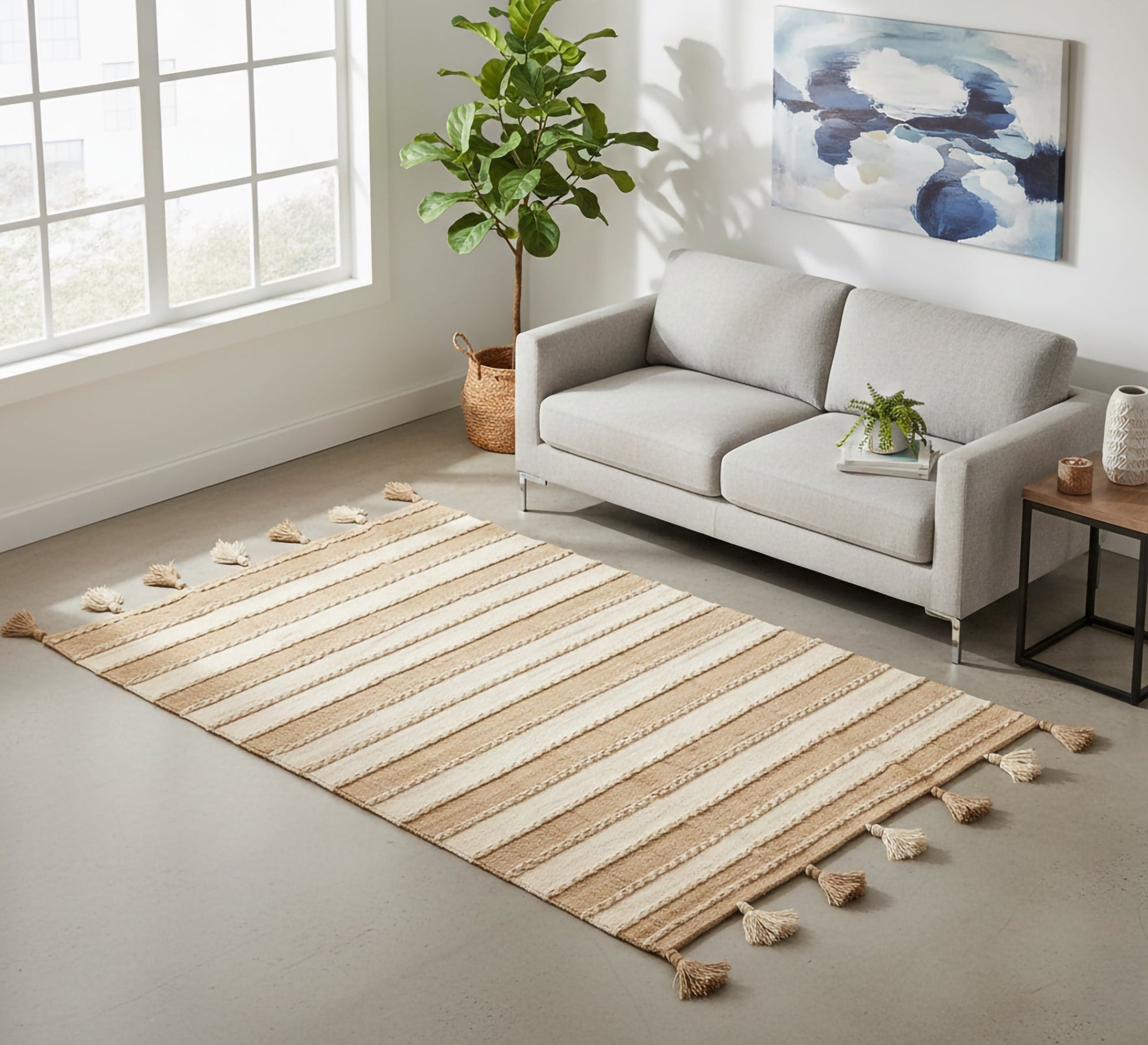 A rug with beige and brown braided stripes and fringes - Vitrine Furniture - Accessories