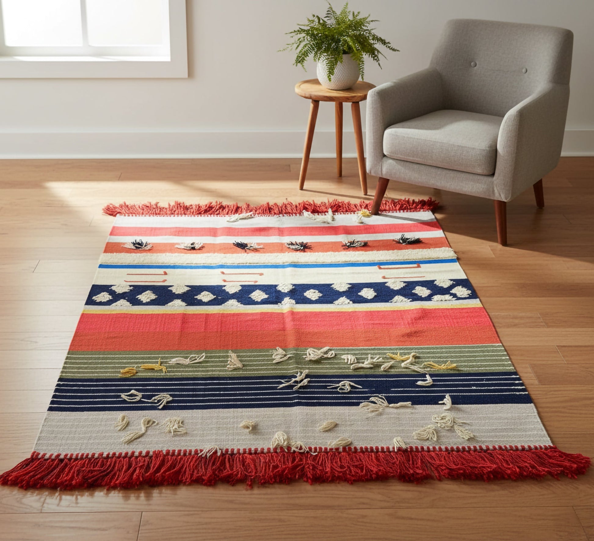 A rug with colorful horizontal stripes in scattered patterns and red tassels. - Vitrine Furniture - Accessories
