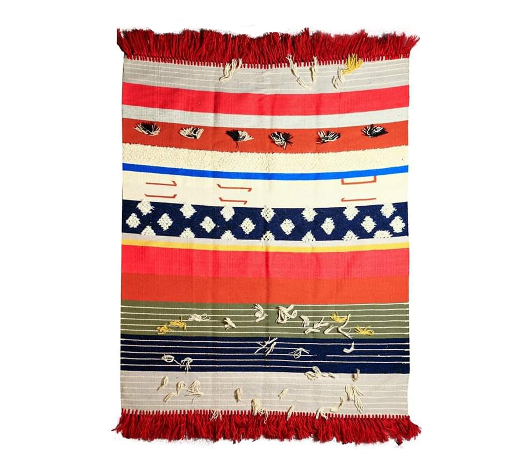 A rug with colorful horizontal stripes in scattered patterns and red tassels. - Vitrine Furniture - Accessories