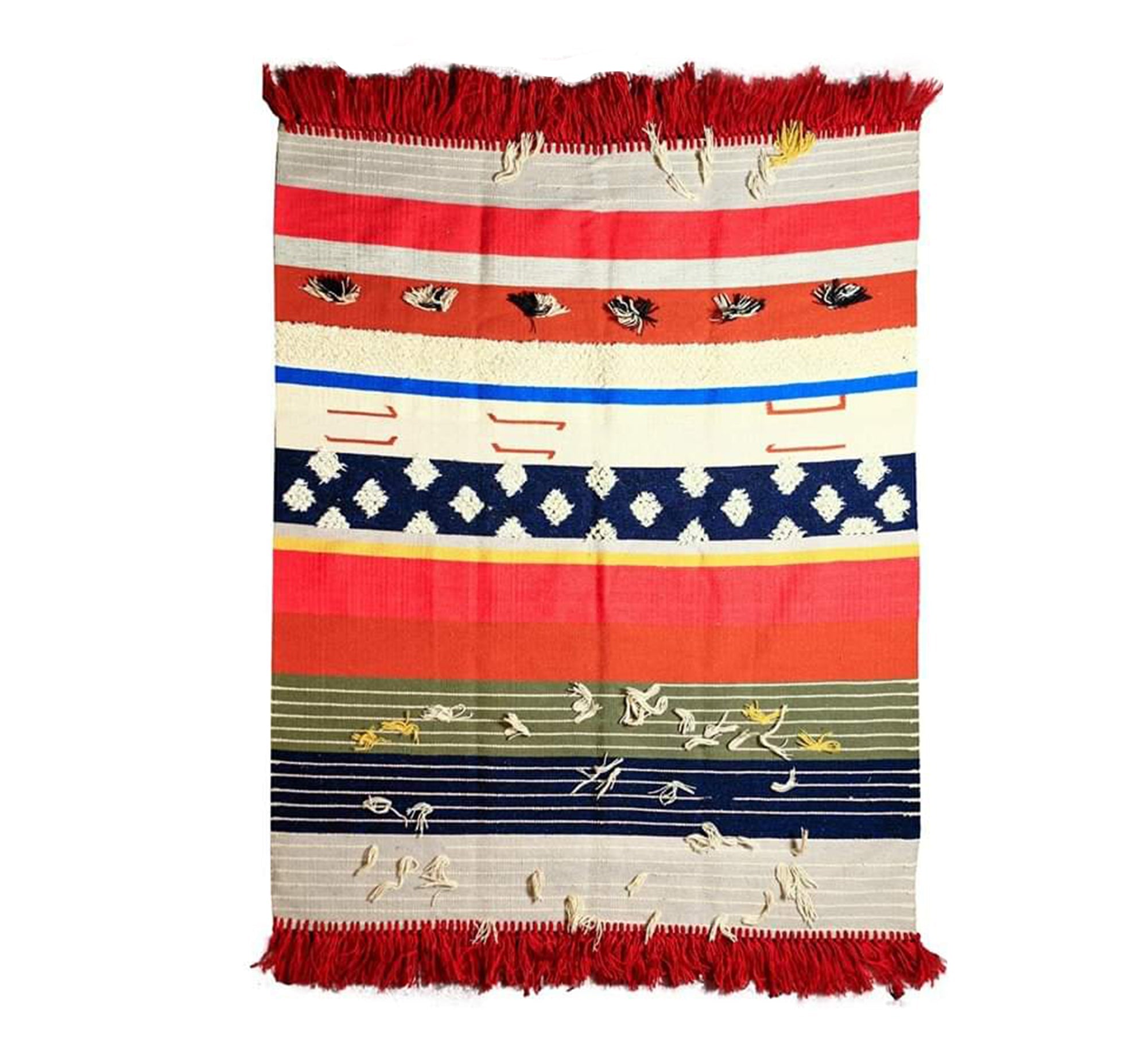 A rug with colorful horizontal stripes in scattered patterns and red tassels. - Vitrine Furniture - Accessories