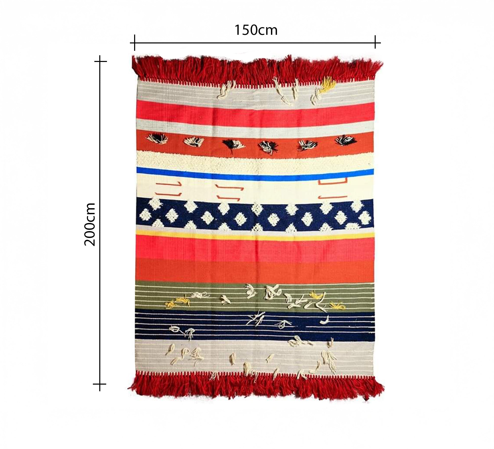 A rug with colorful horizontal stripes in scattered patterns and red tassels. - Vitrine Furniture - Accessories