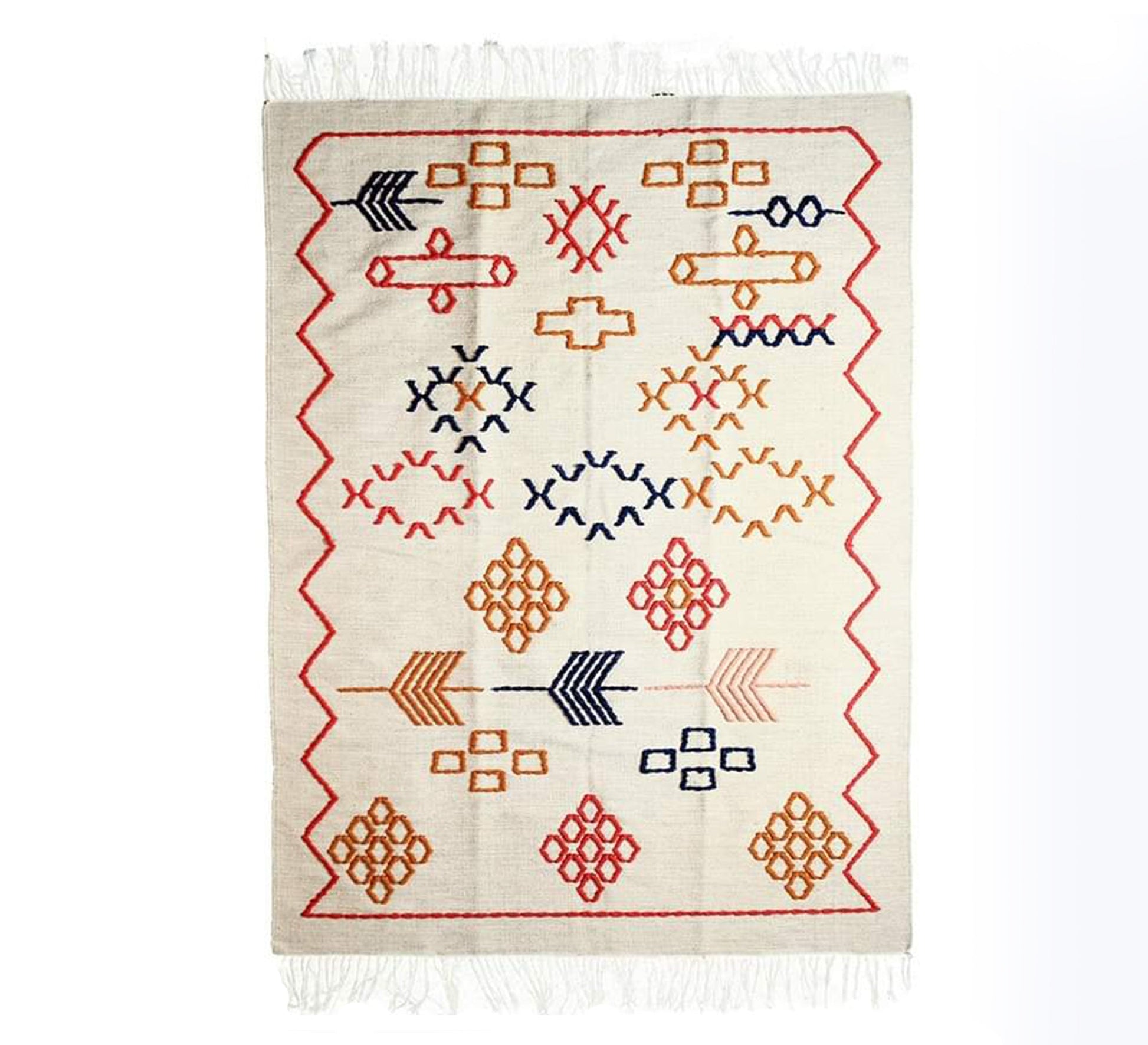 A rug with geometric patterns on a white background with red lines - Vitrine Furniture - Accessories