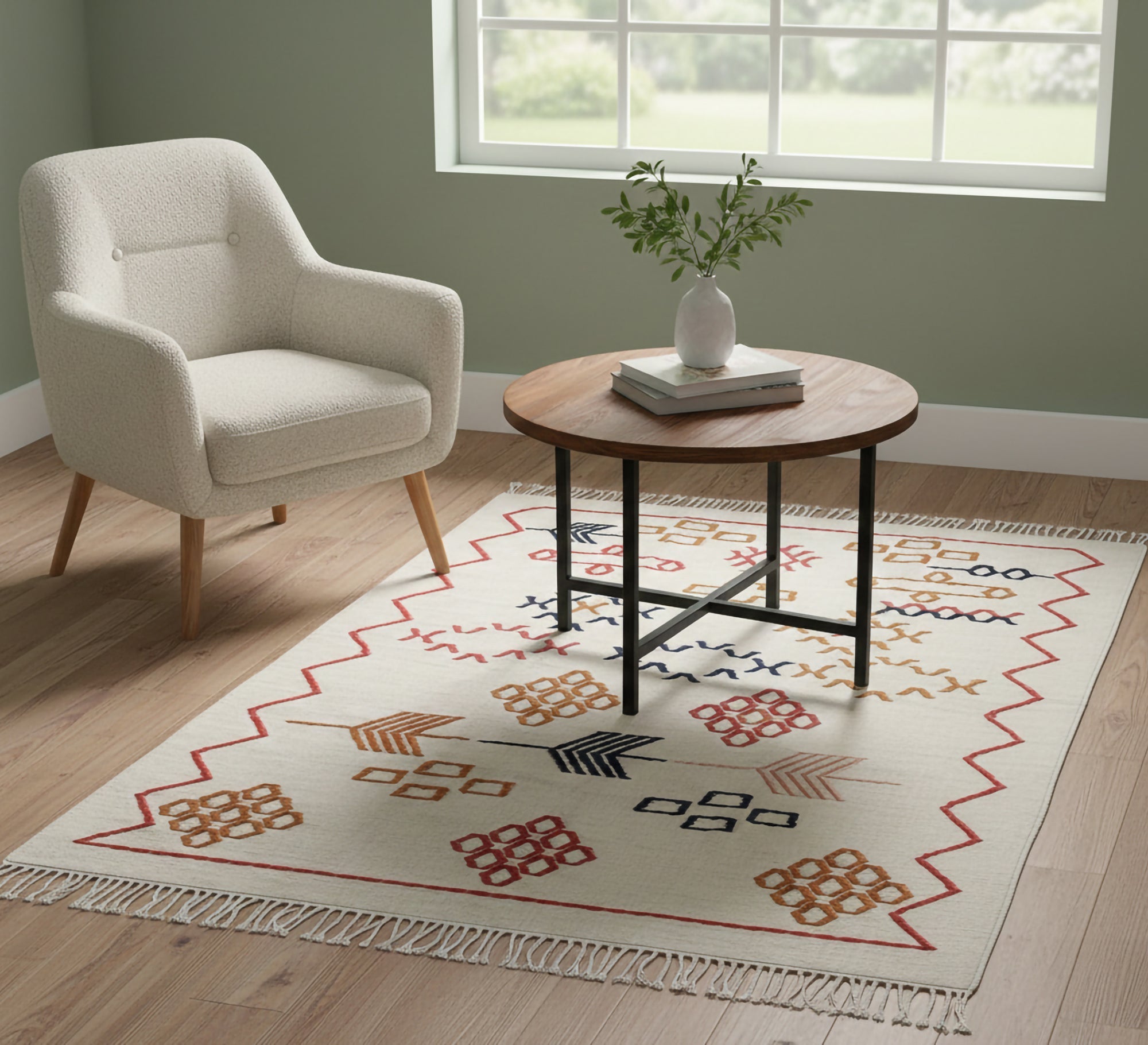 A rug with geometric patterns on a white background with red lines - Vitrine Furniture - Accessories