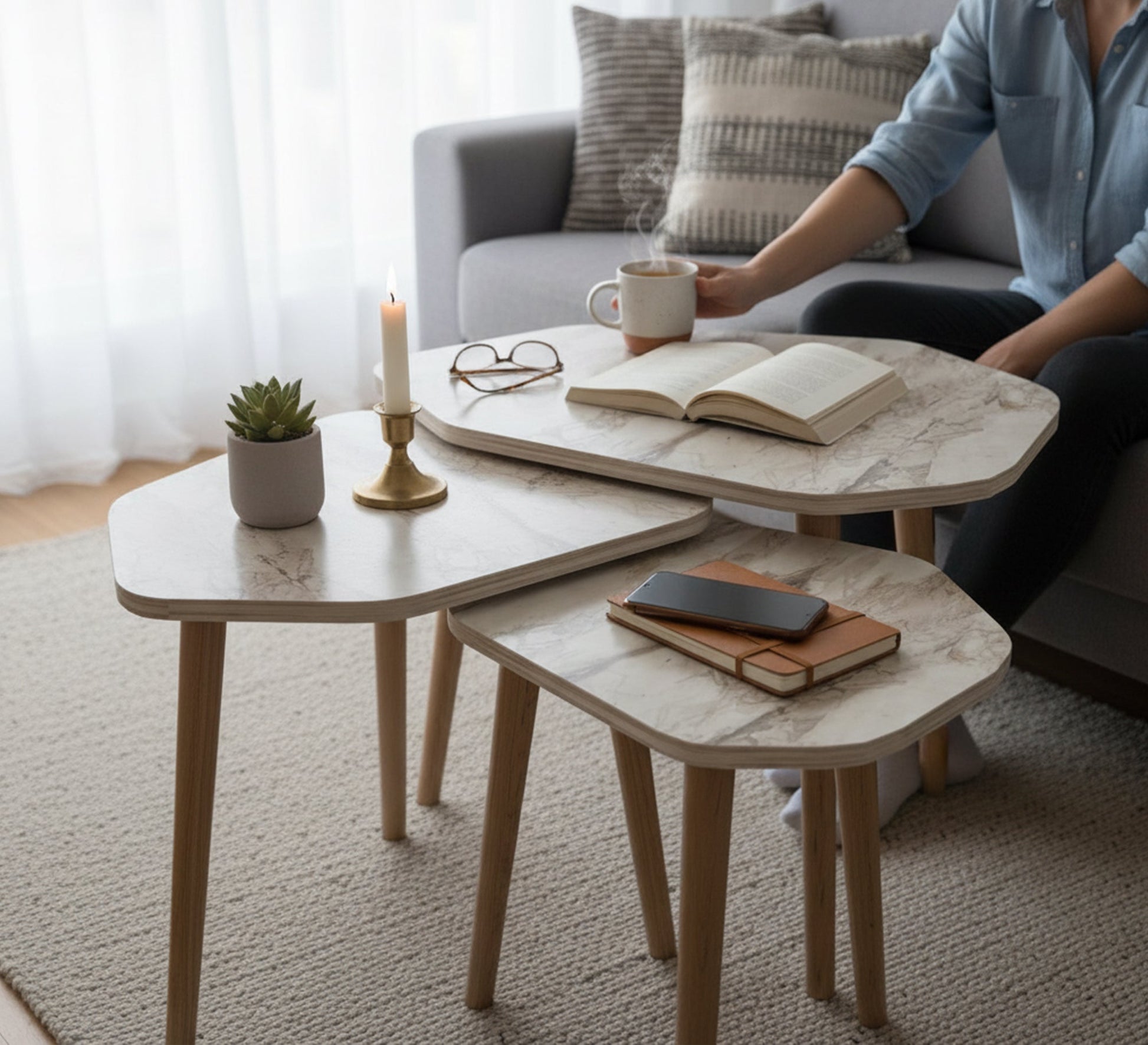 A set of three wooden side tables in an irregular geometric shape - Vitrine Furniture - Side Tables