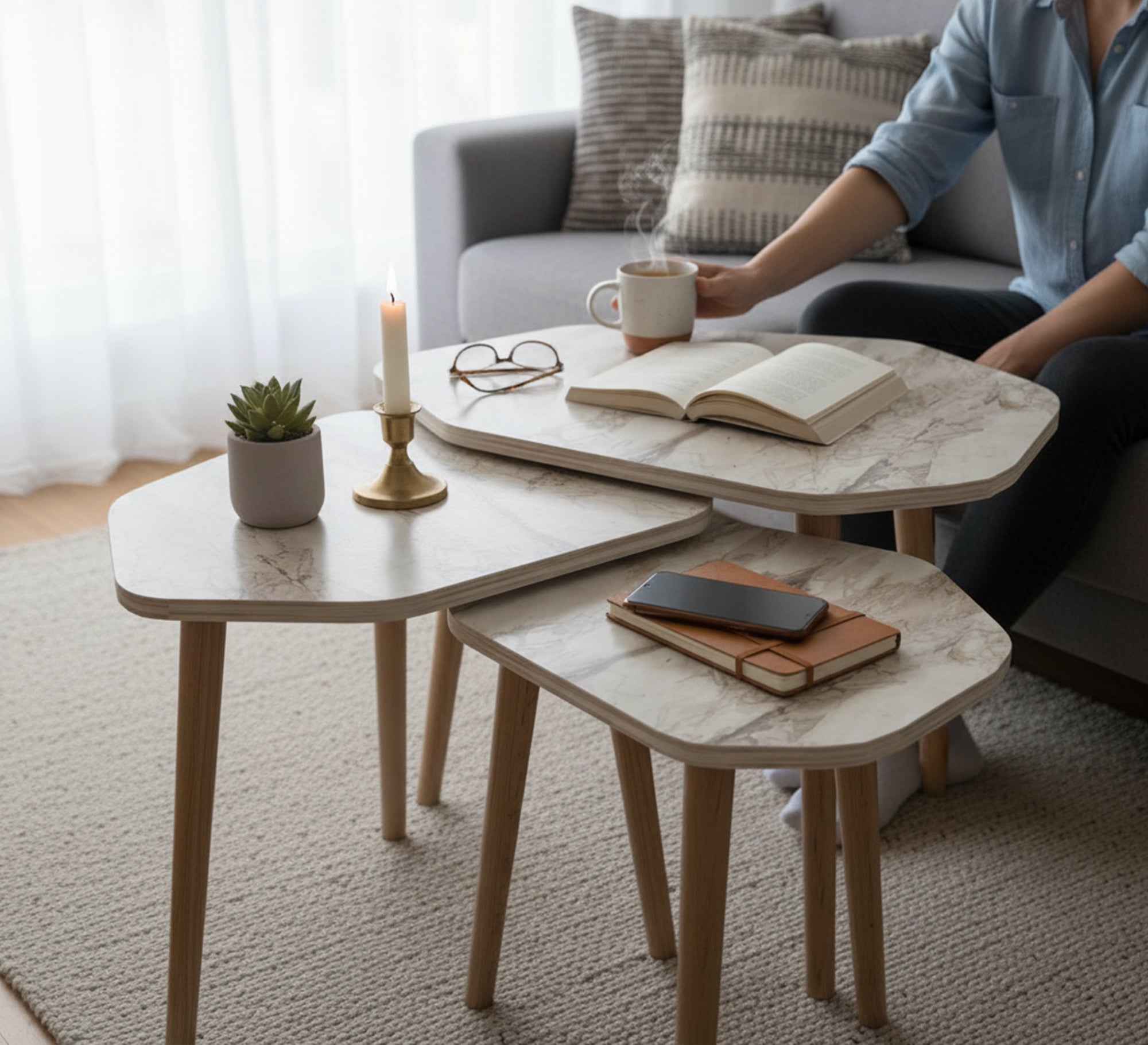 A set of three wooden side tables in an irregular geometric shape - Vitrine Furniture - Side Tables