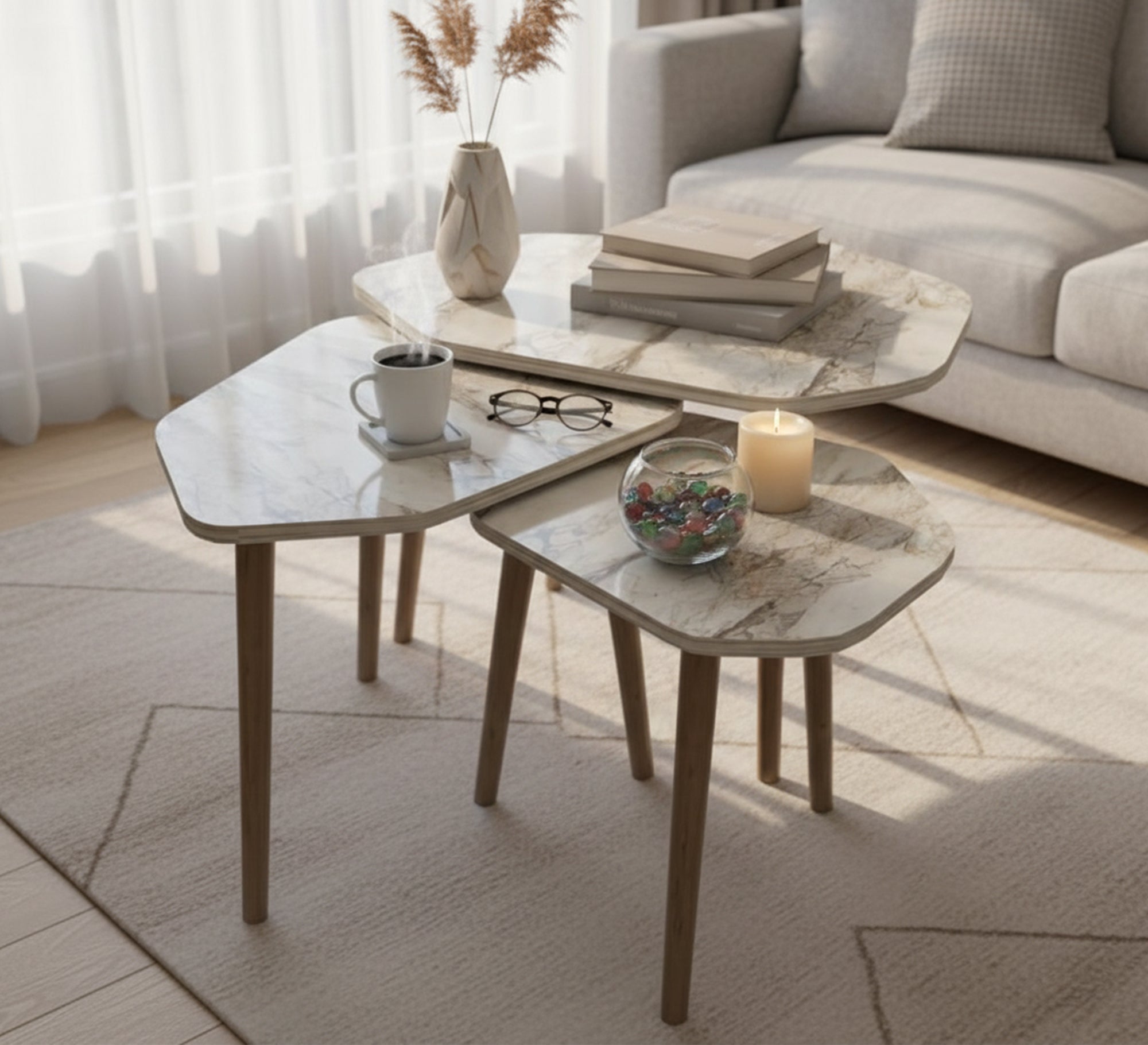 A set of three wooden side tables in an irregular geometric shape - Vitrine Furniture - Side Tables