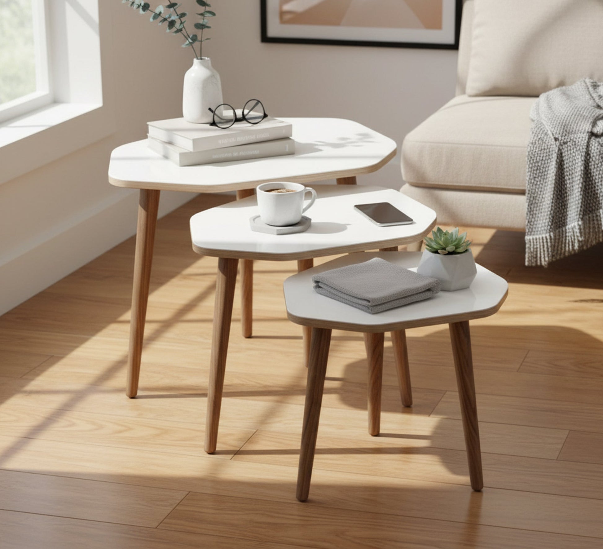 A set of three wooden side tables in an irregular geometric shape - Vitrine Furniture - Side Tables