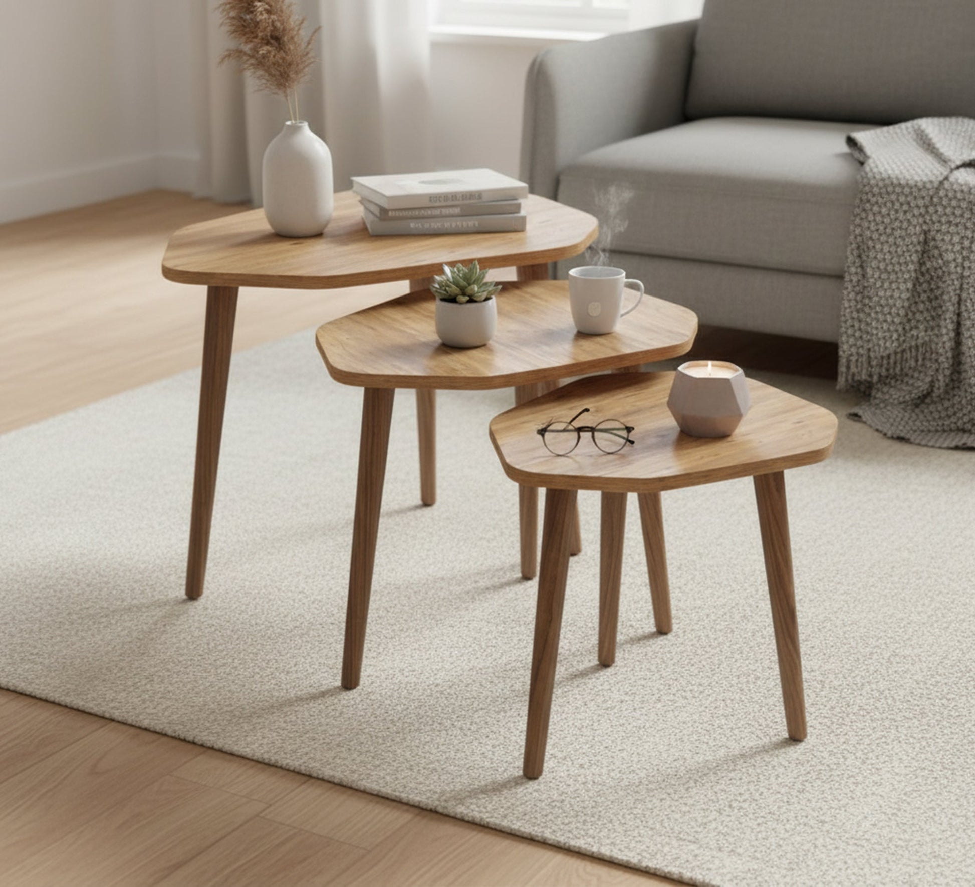 A set of three wooden side tables in an irregular geometric shape - Vitrine Furniture - Side Tables