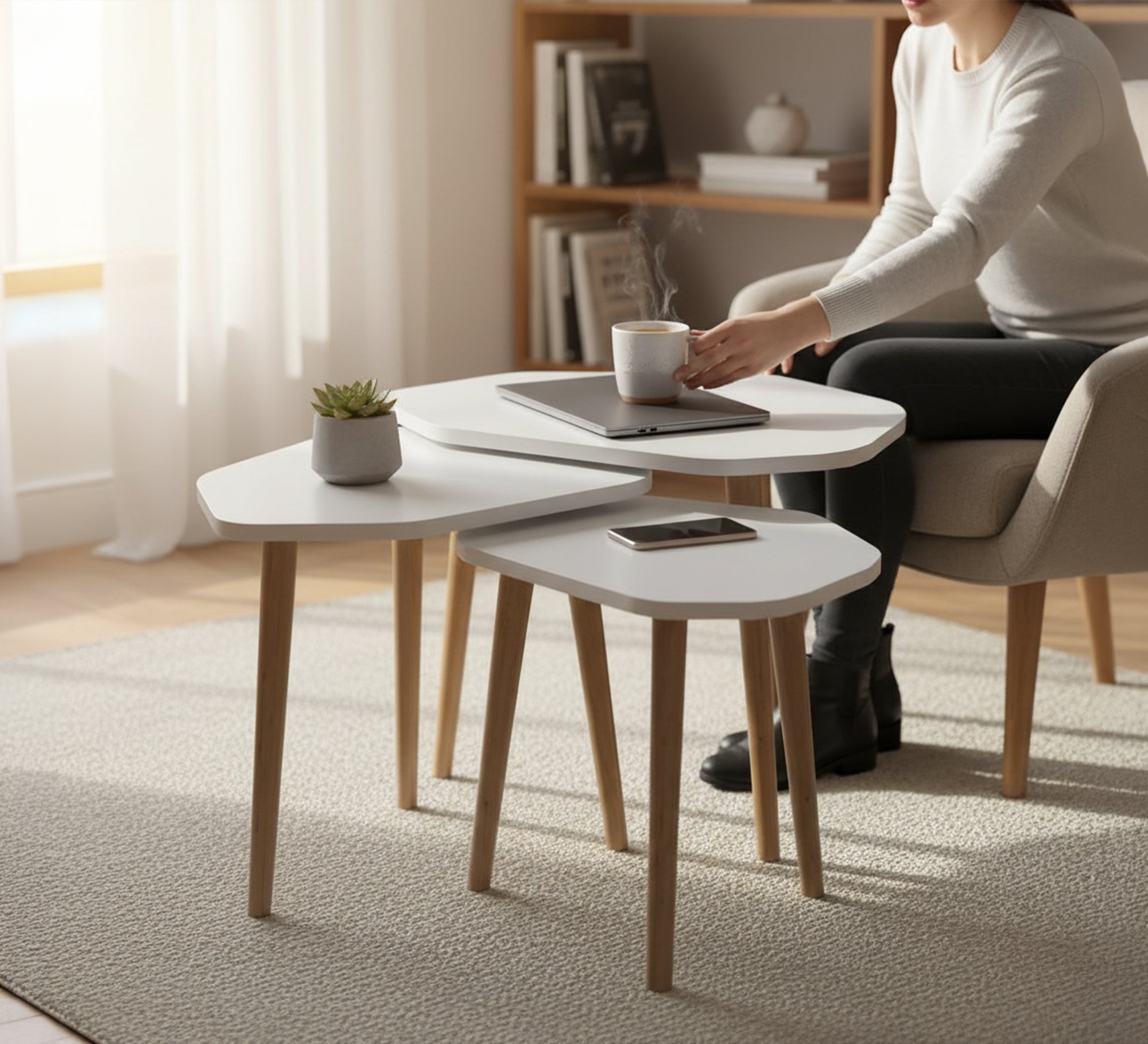 A set of three wooden side tables in an irregular geometric shape - Vitrine Furniture - Side Tables