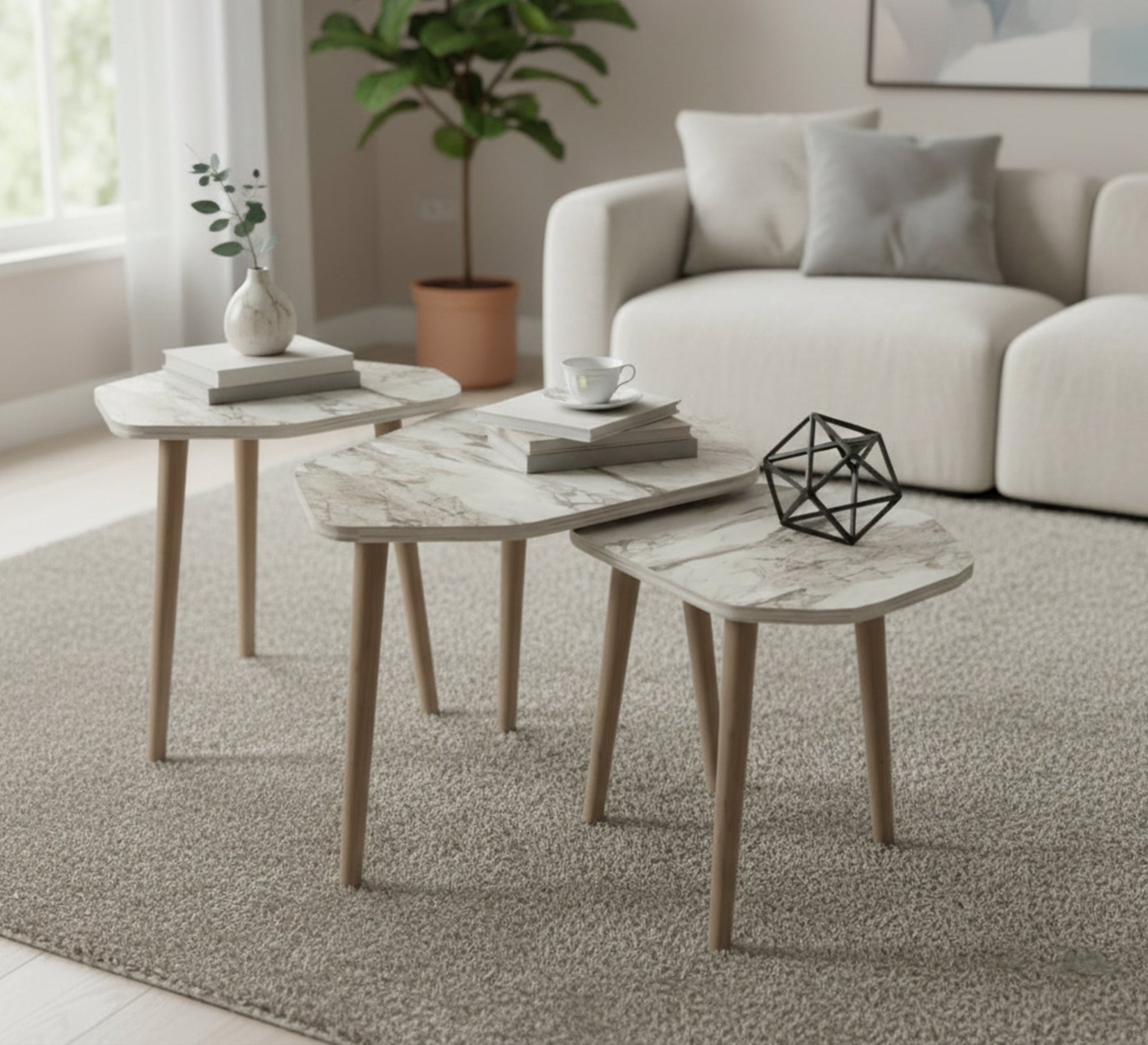 A set of three wooden side tables in an irregular geometric shape - Vitrine Furniture - Side Tables