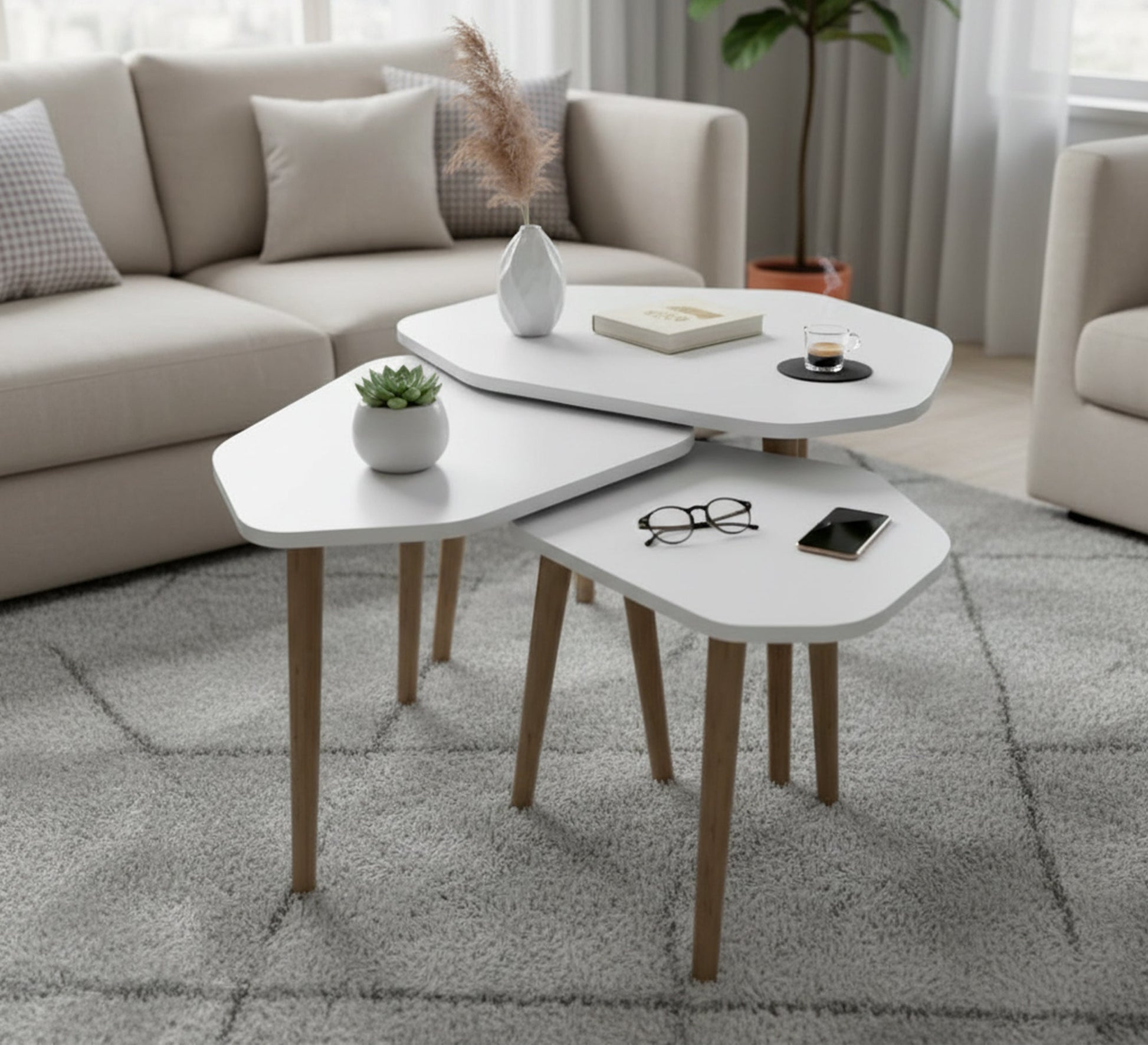 A set of three wooden side tables in an irregular geometric shape - Vitrine Furniture - Side Tables