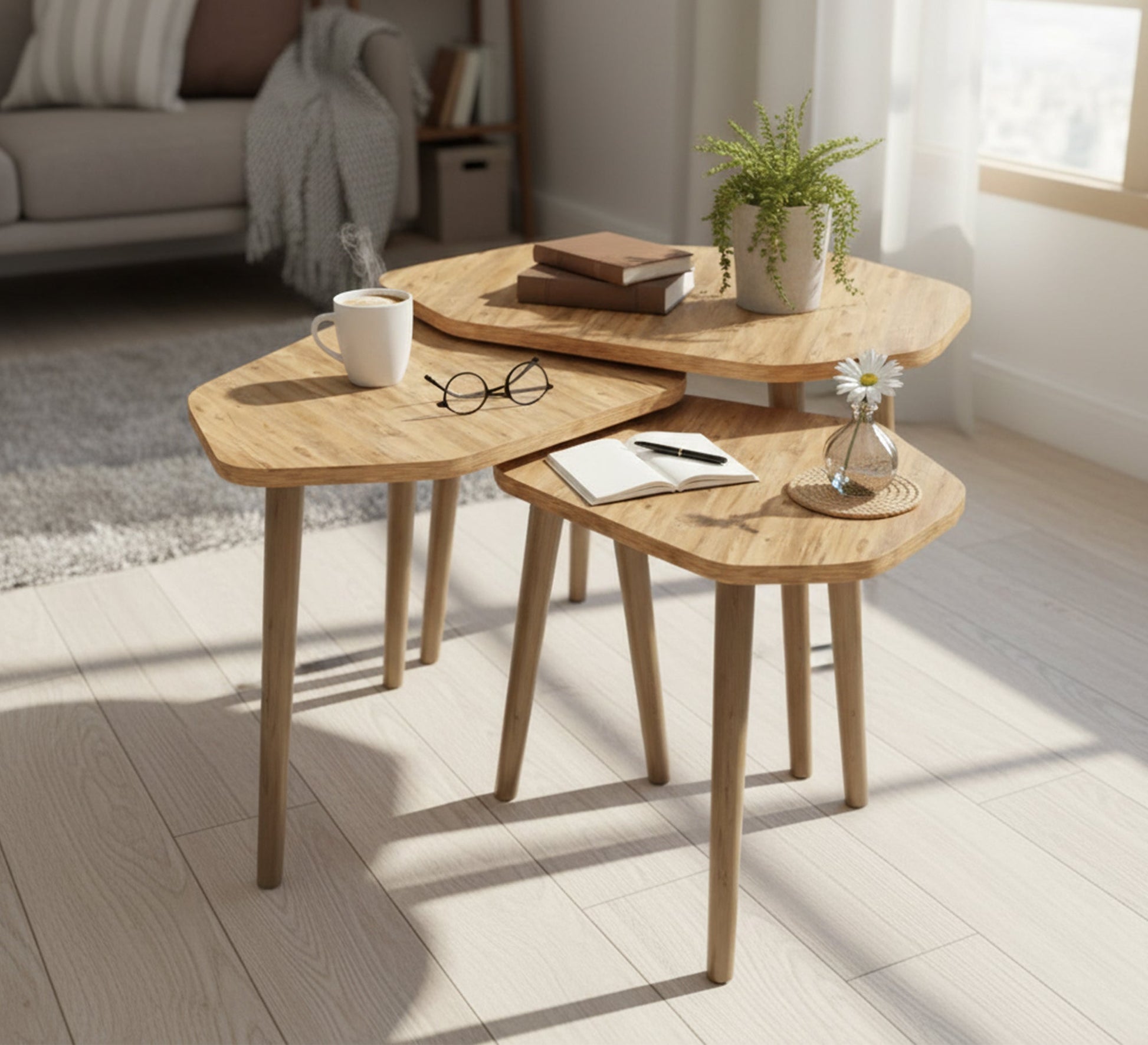 A set of three wooden side tables in an irregular geometric shape - Vitrine Furniture - Side Tables