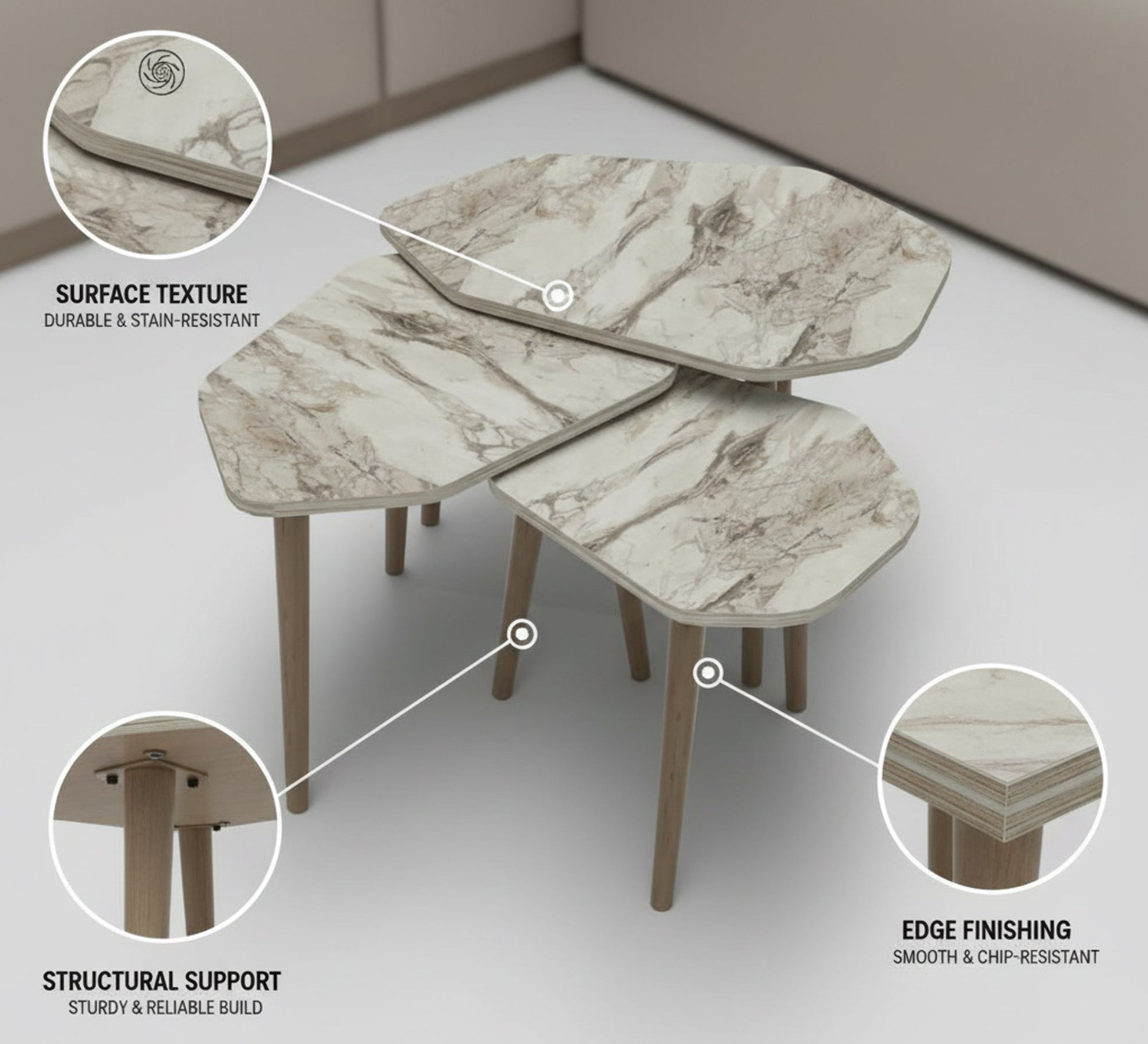 A set of three wooden side tables in an irregular geometric shape - Vitrine Furniture - Side Tables