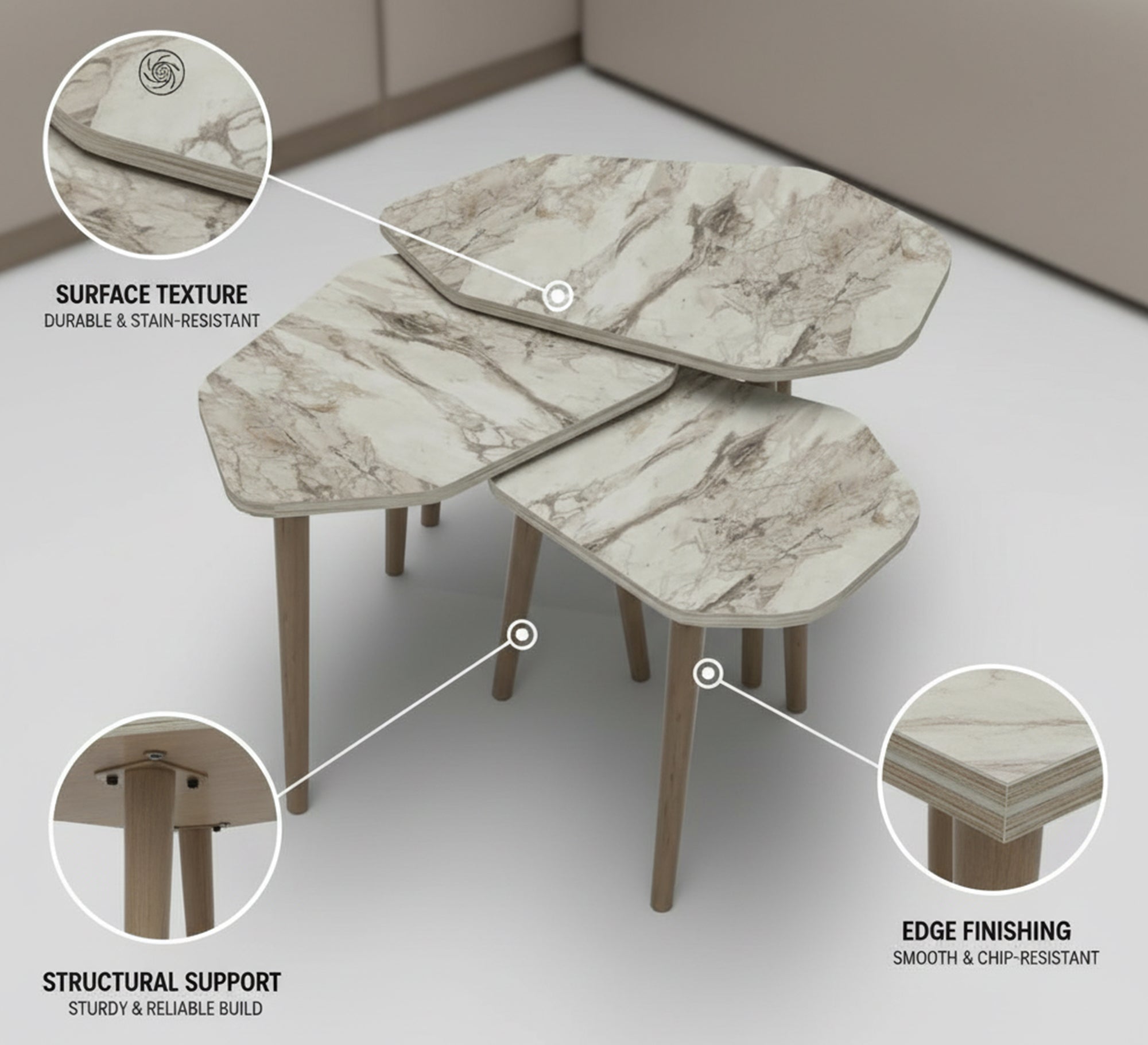 A set of three wooden side tables in an irregular geometric shape - Vitrine Furniture - Side Tables