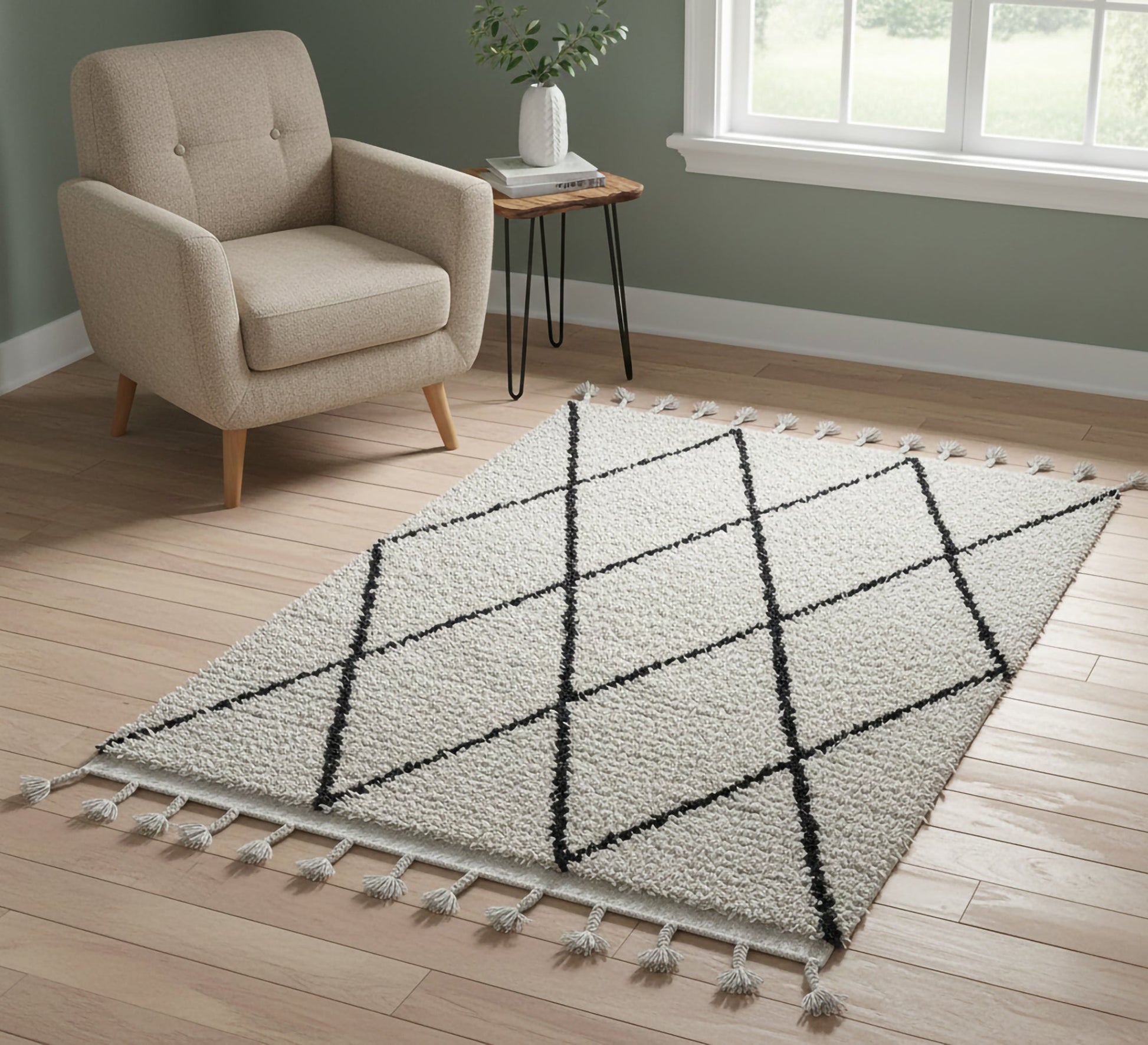 A shaggy white rug with a bold black diamond pattern - Vitrine Furniture - Accessories