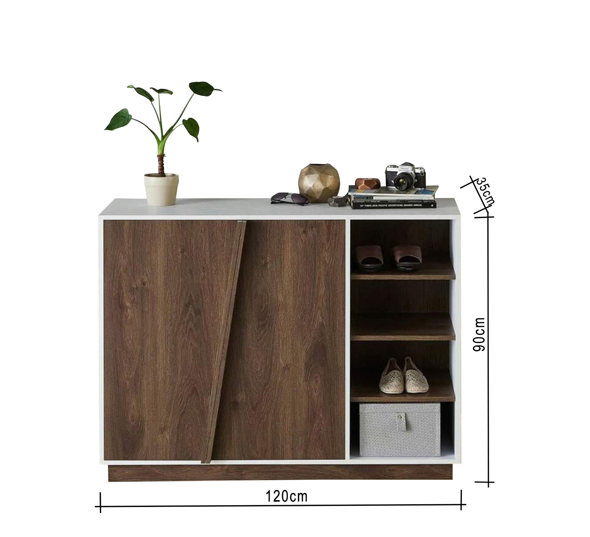 A shoe cabinet with slanted hinged doors and open shelves - Vitrine Furniture - Furniture