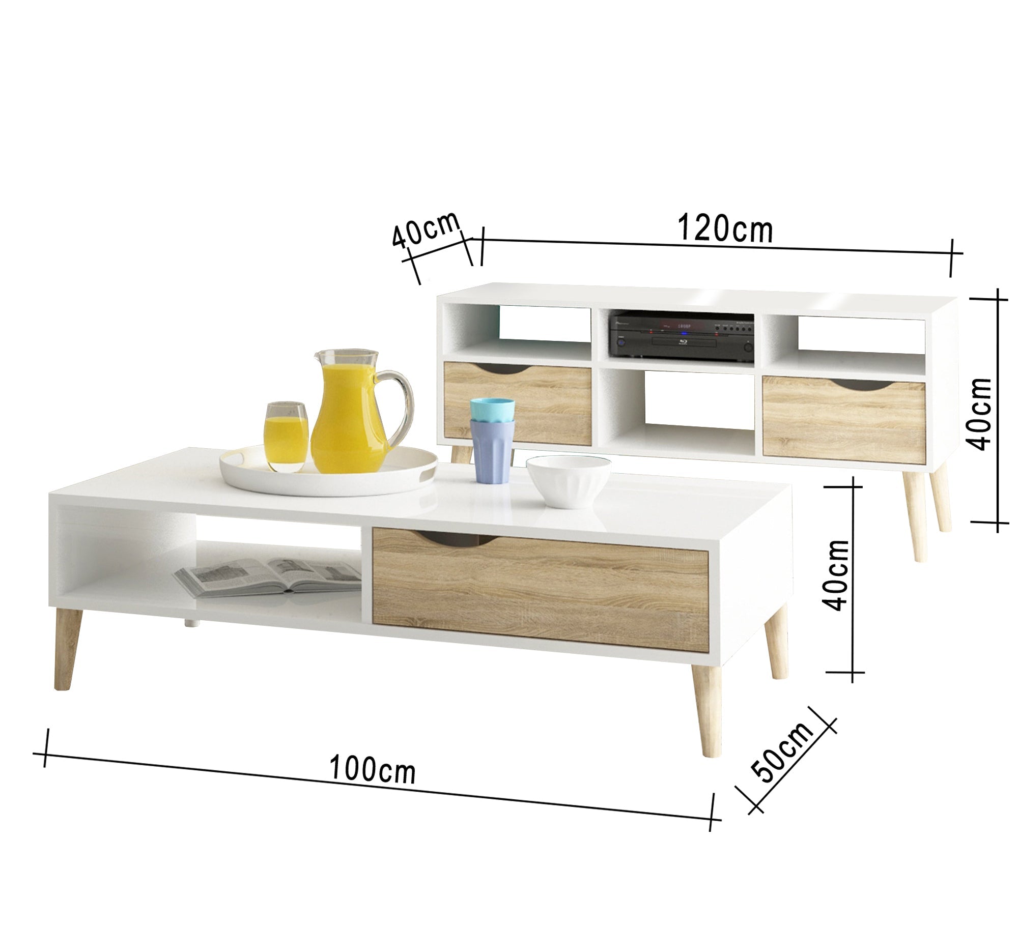 A simple table and TV unit in white mixed with wood - Vitrine Furniture - Furniture