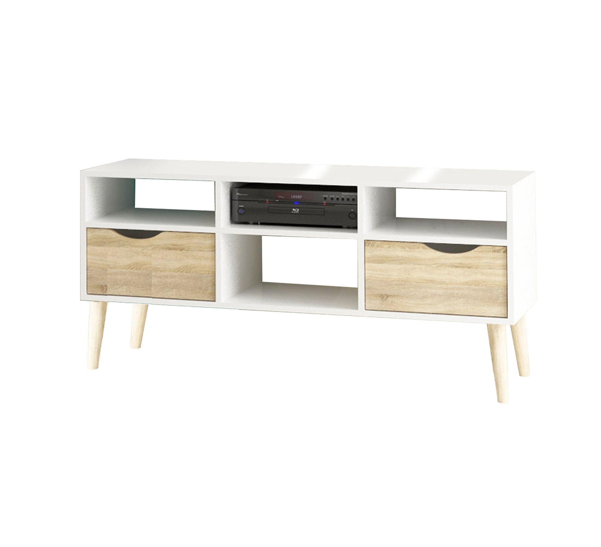 A simple table and TV unit in white mixed with wood - Vitrine Furniture - Furniture