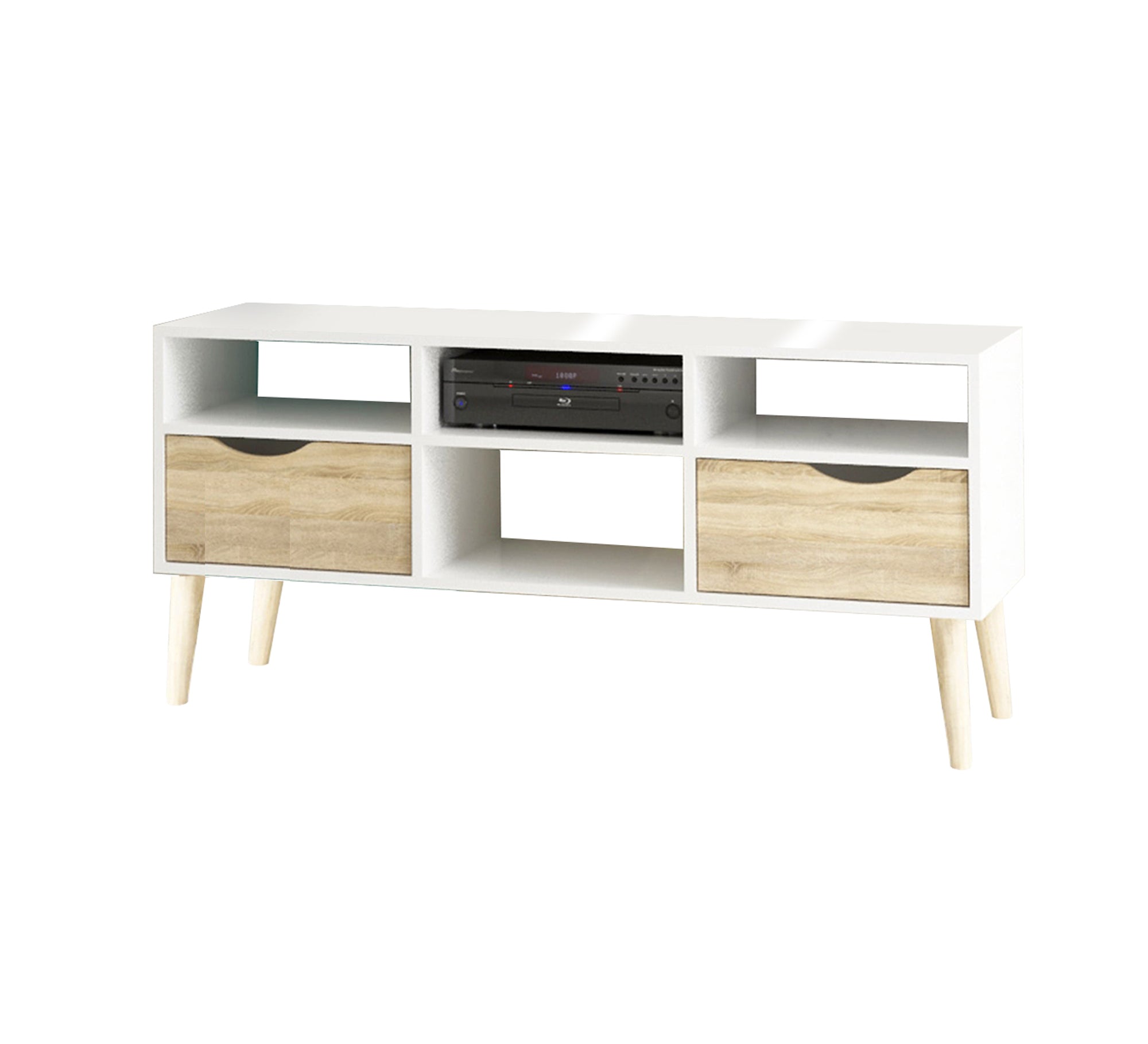 A simple table and TV unit in white mixed with wood - Vitrine Furniture - Furniture