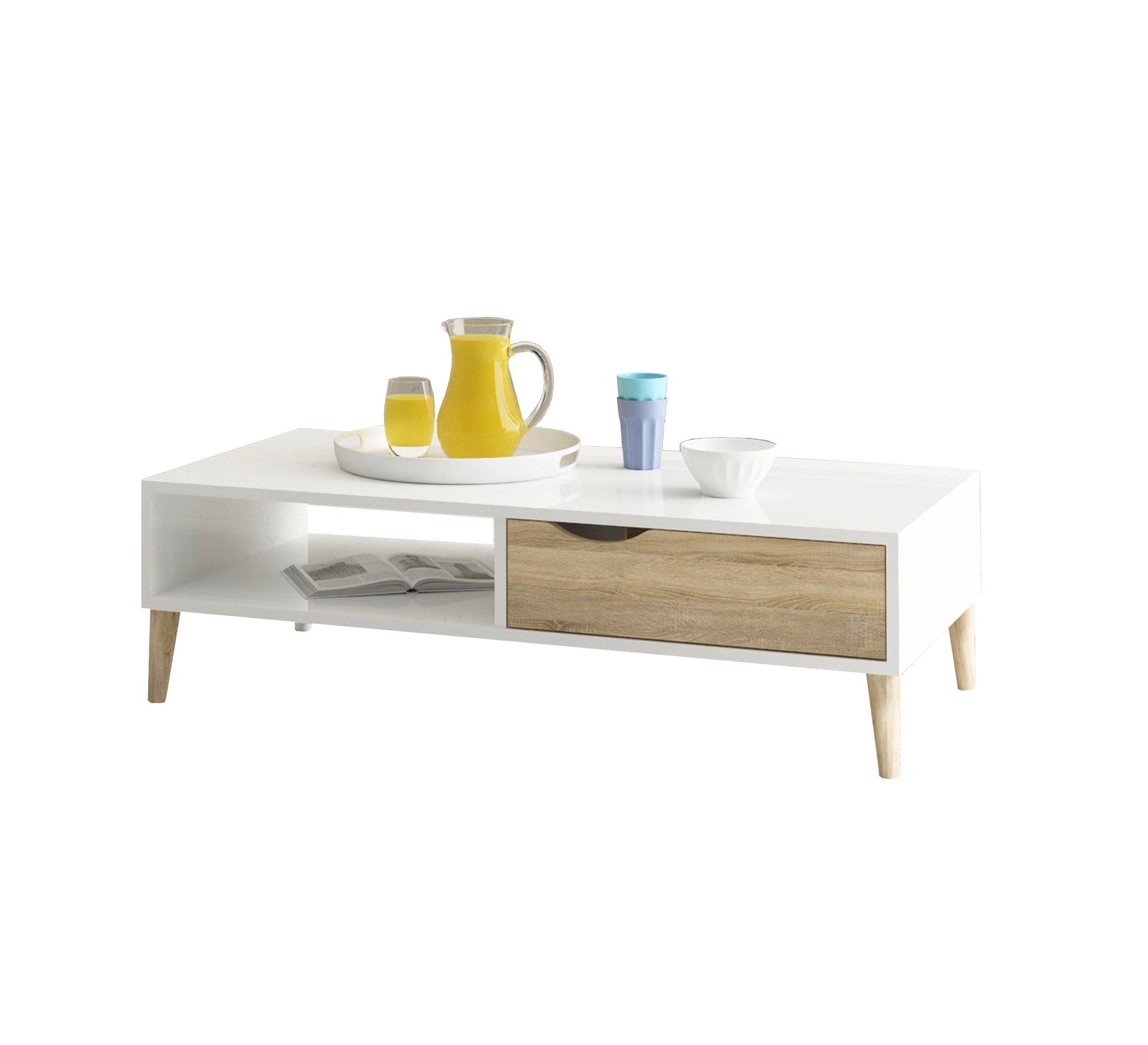 A simple table and TV unit in white mixed with wood - Vitrine Furniture - Furniture