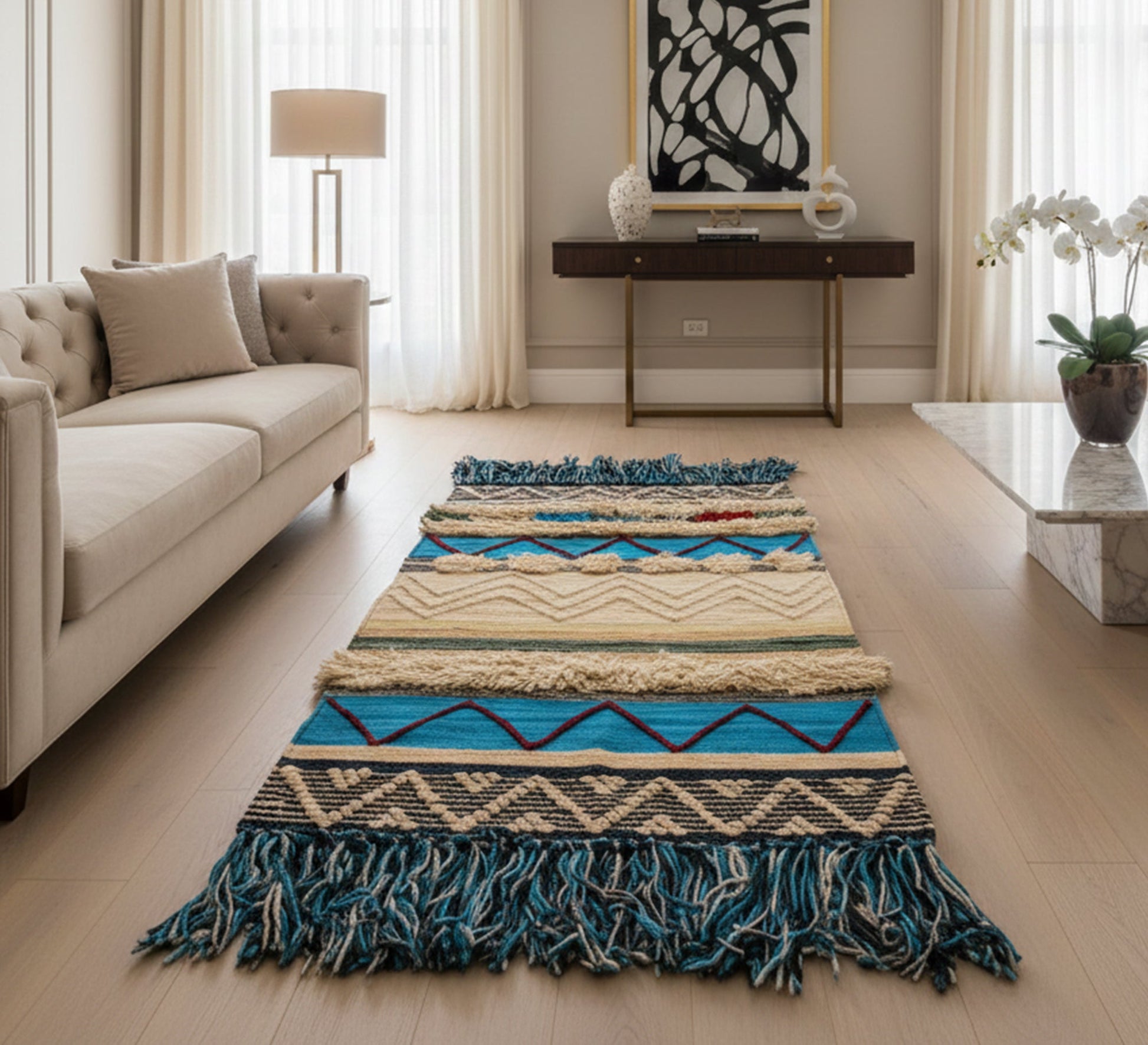 A sky - blue wool rug with geometric shapes - Vitrine Furniture - Accessories