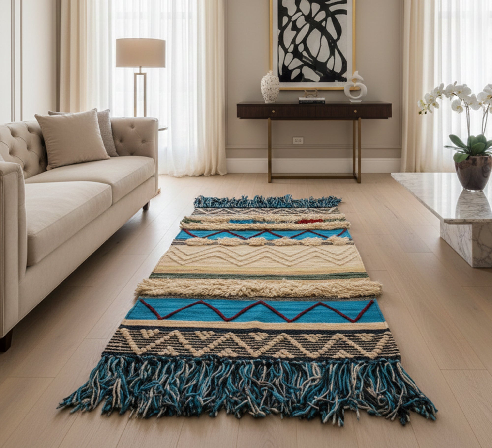 A sky - blue wool rug with geometric shapes - Vitrine Furniture - Accessories