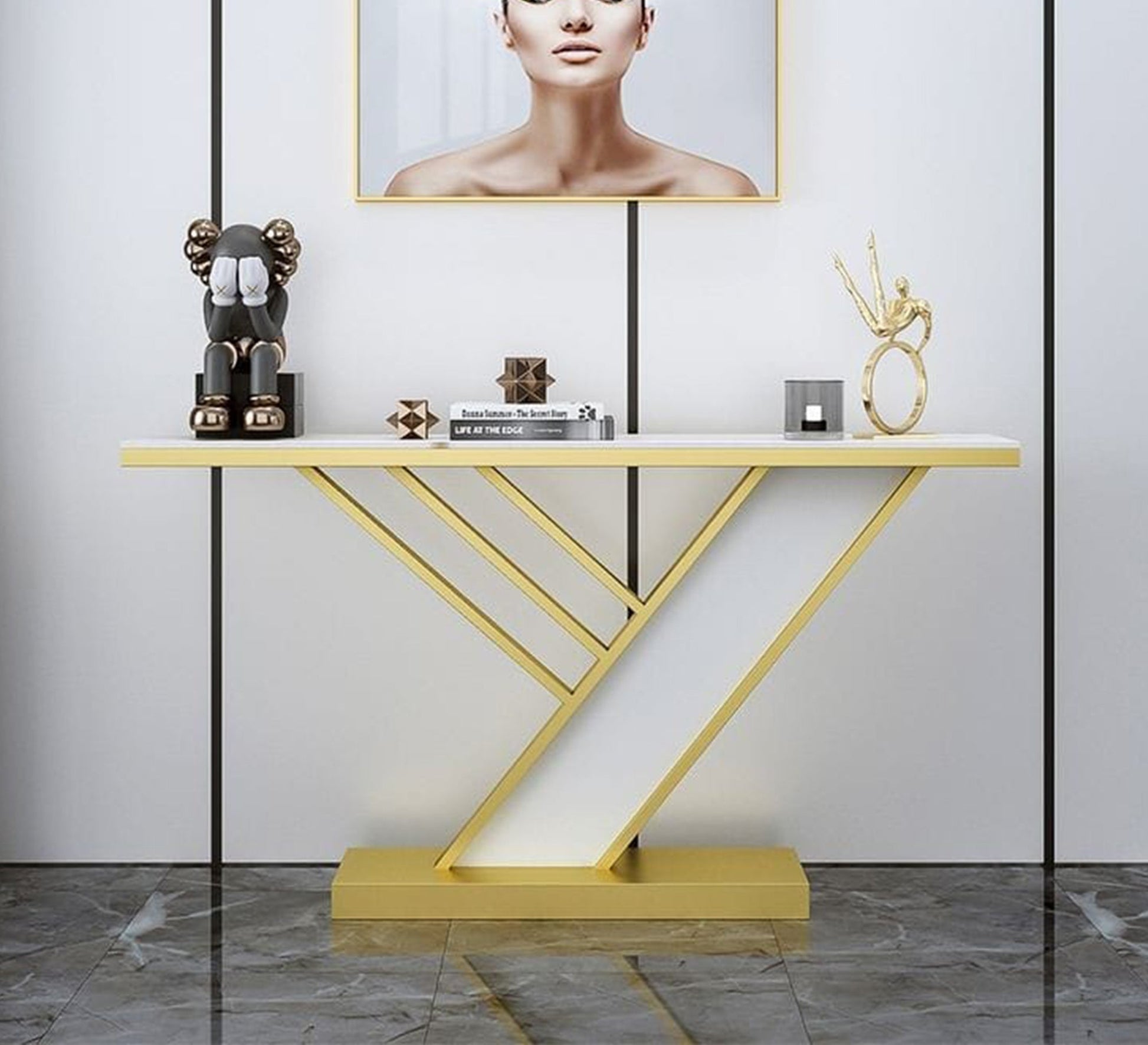 A slanted entryway console with a wooden top and a slanted base - Vitrine Furniture - Furniture