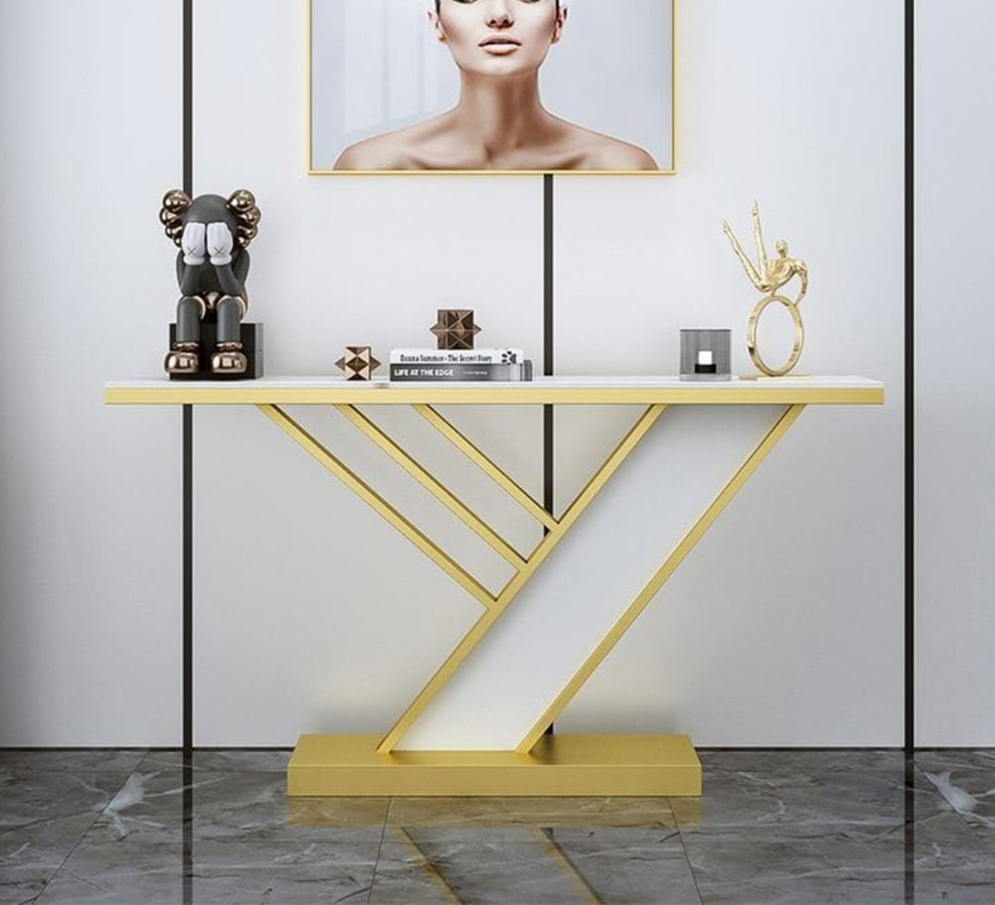 A slanted entryway console with a wooden top and a slanted base - Vitrine Furniture - Furniture