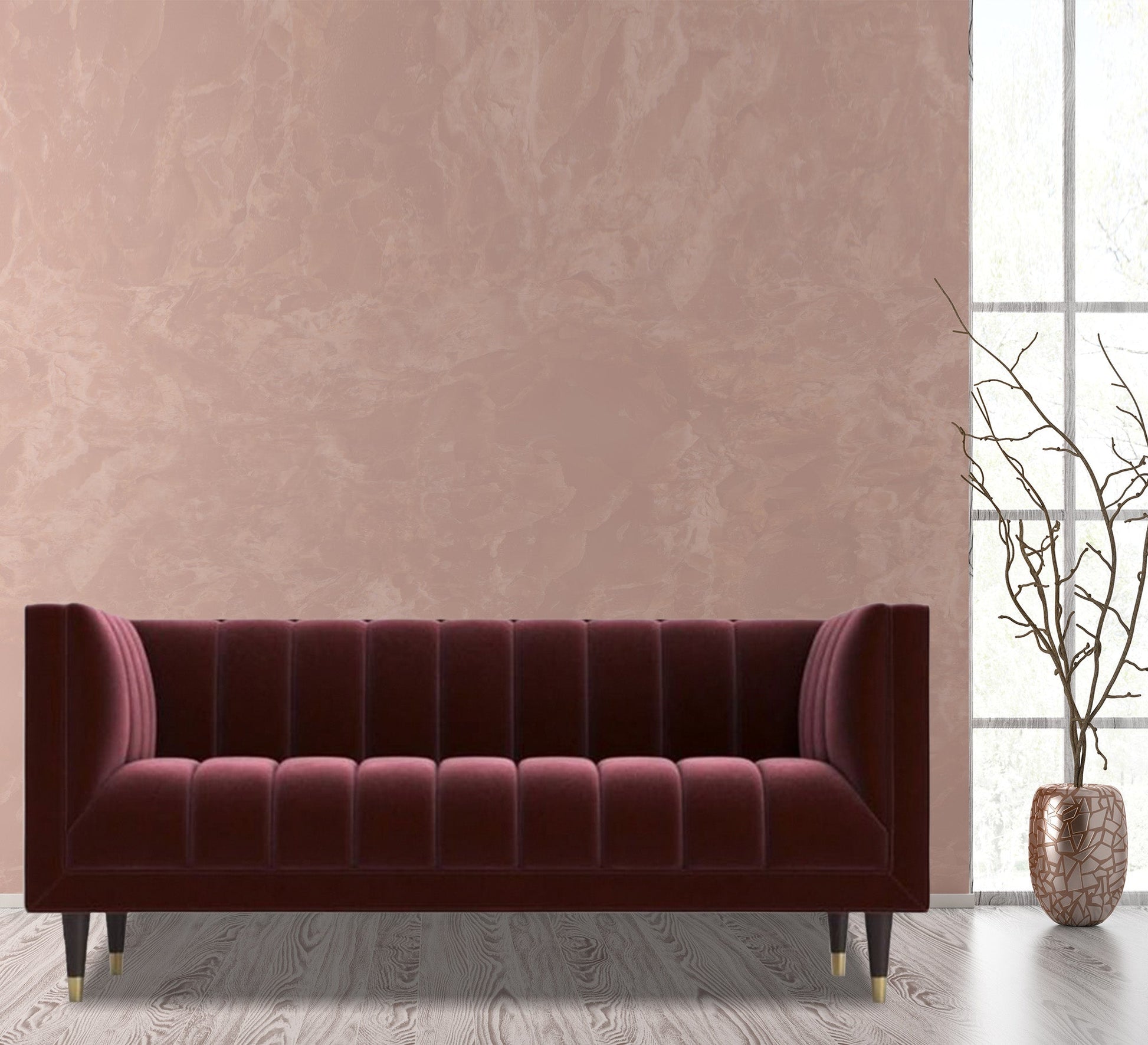 A sofa in a burgundy color with recessed lines on the back and the base - Vitrine Furniture - Living room Sofas