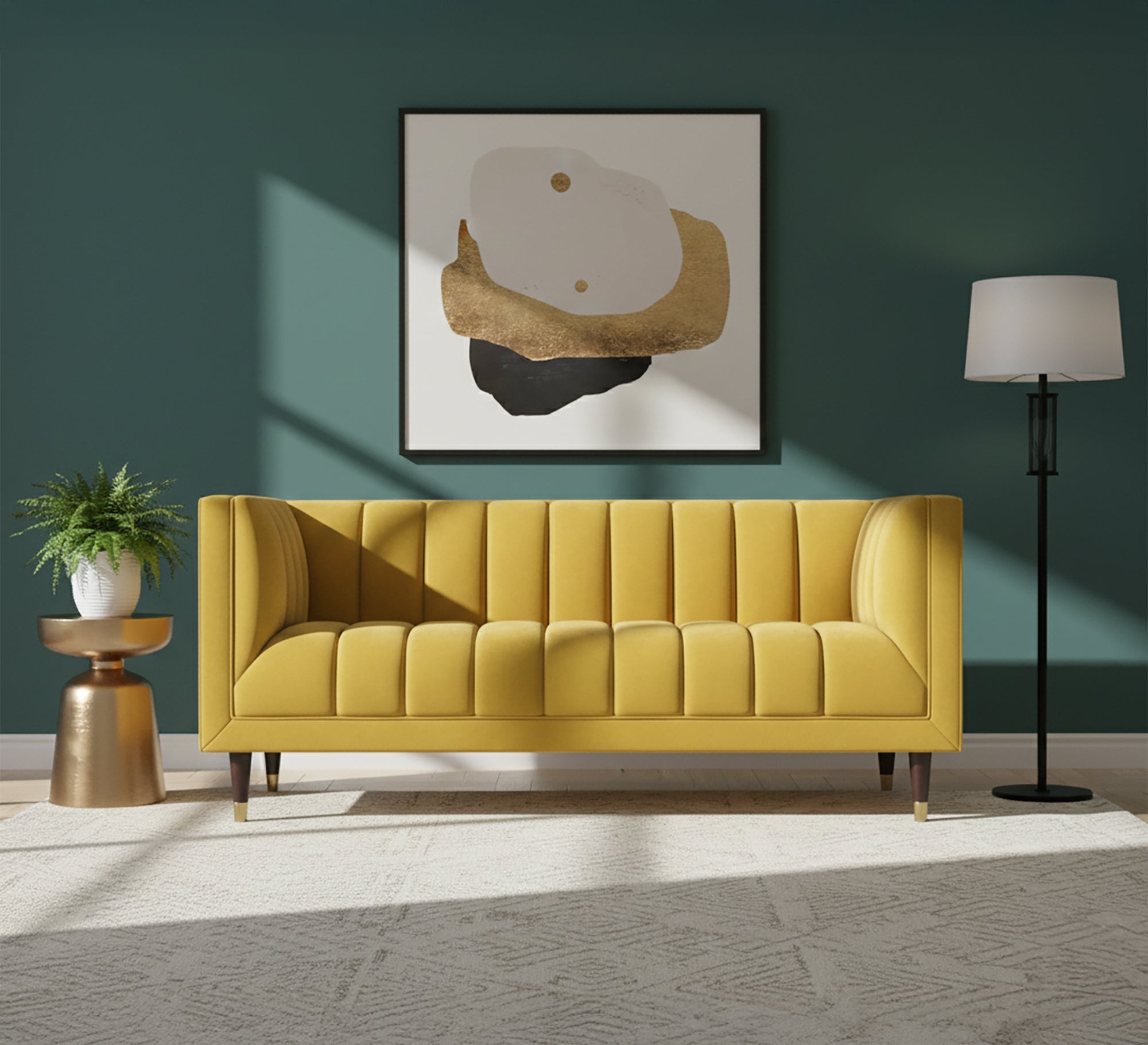 A sofa in a camel yellow color with recessed lines on the back and the base - Vitrine Furniture - Living room Sofas