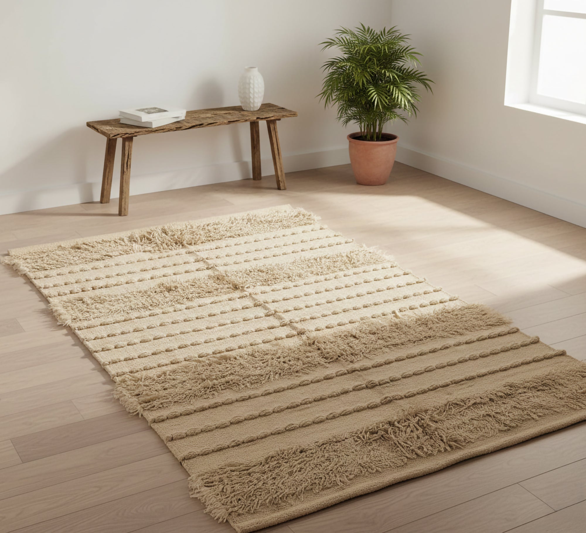 A solid beige rug with raised threads and fringes - Vitrine Furniture - Accessories