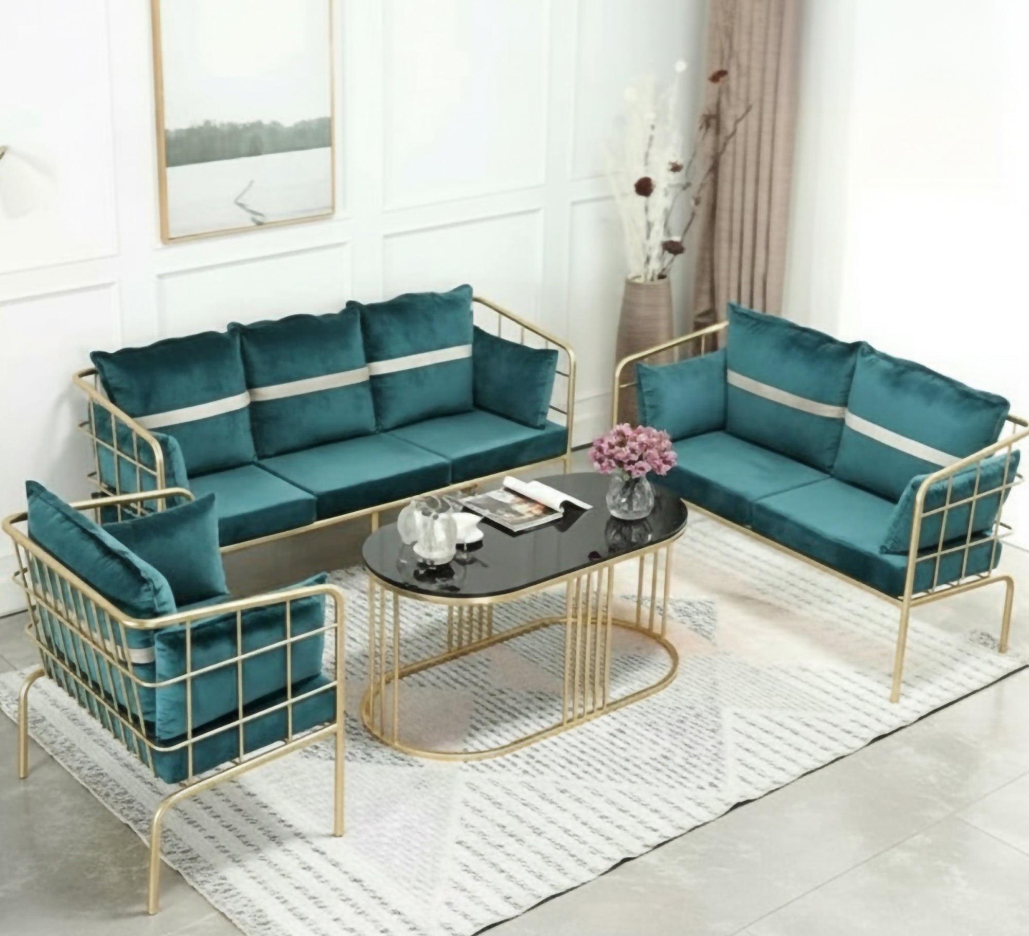 A steel living room set with beautiful green upholstery - Vitrine Furniture - Furniture