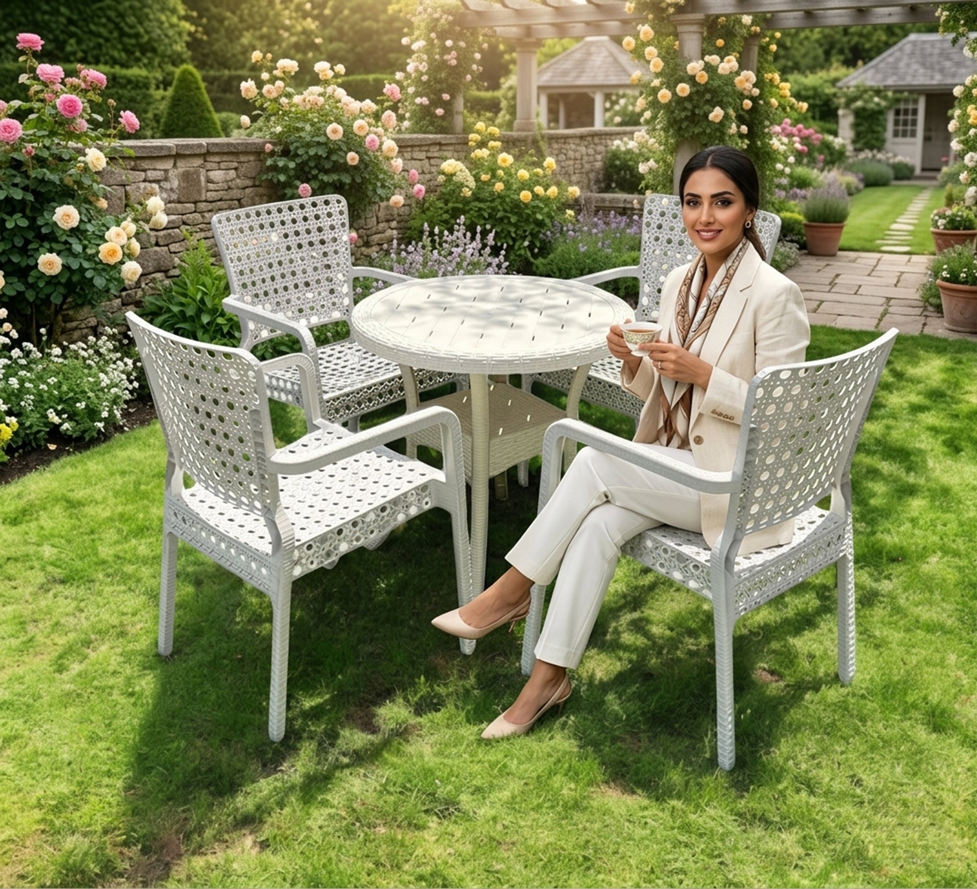 A stylish and bright white outdoor seating set - Vitrine Furniture - Outdoor Dining Sets