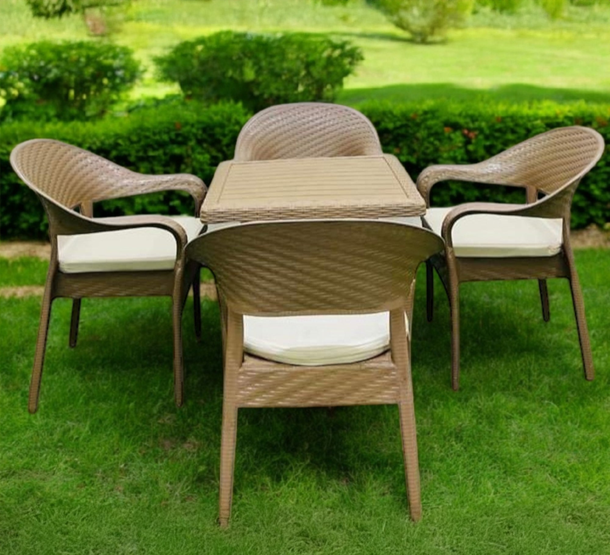 A stylish beige patio set with white cushions - Vitrine Furniture - Outdoor Products